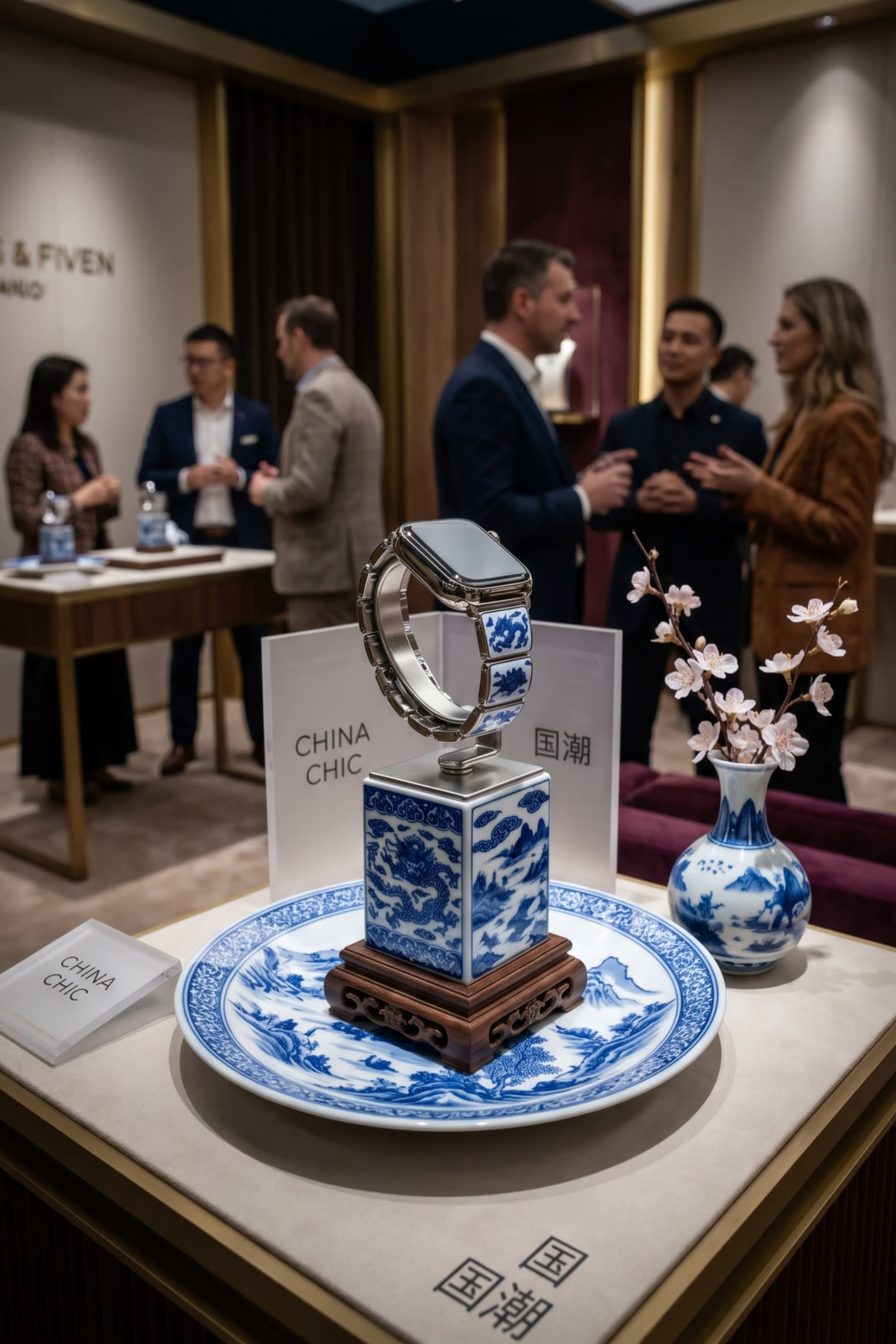 A high-end photography shot of a luxury booth at the CICPE. A sleek, minimalist display features a blend of traditional Chinese embroidery on a modern high-tech sneaker. Soft, focused lighting emphasizes the intricate textures, while a stylish international crowd explores the background.
