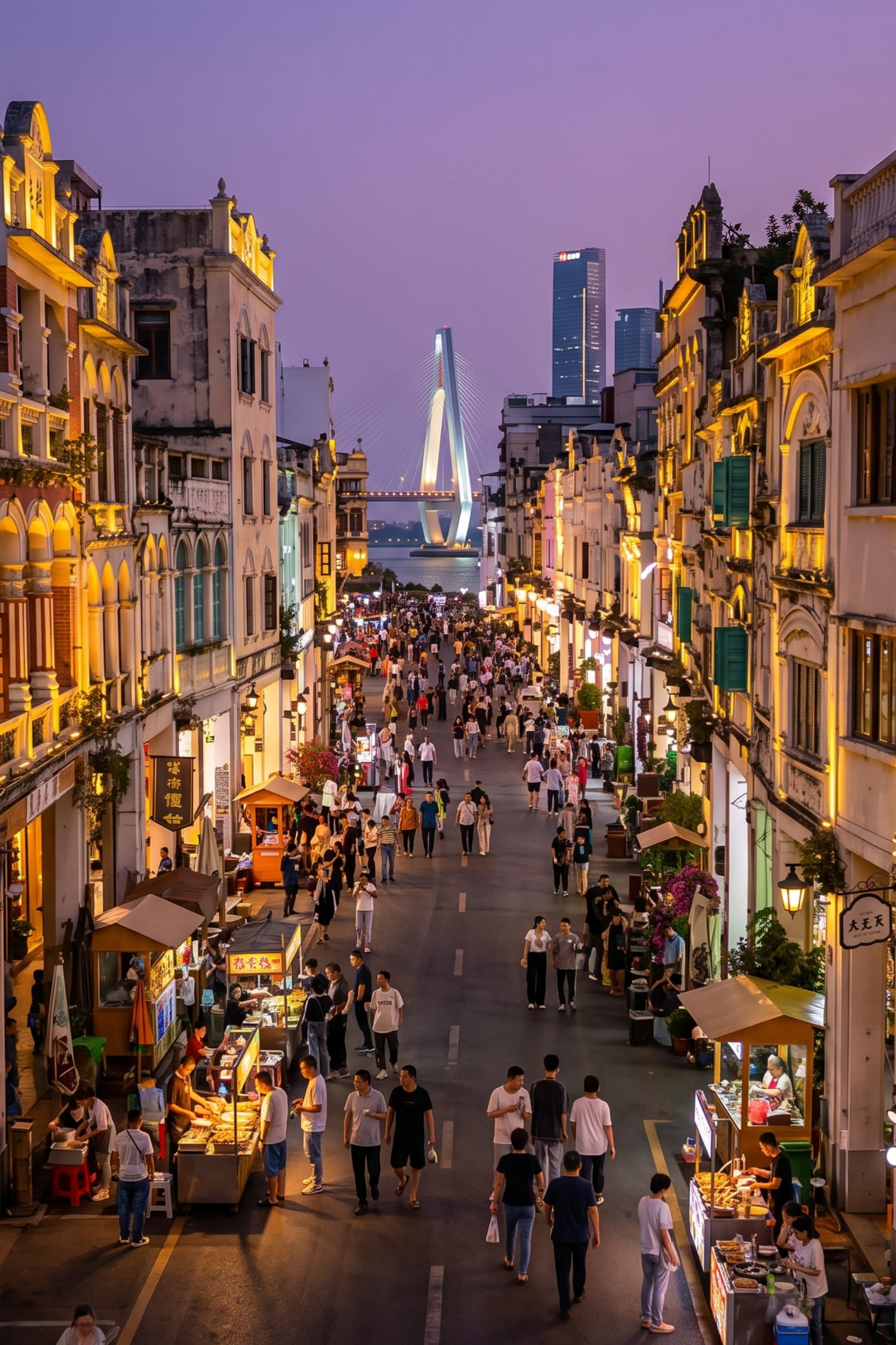 A breathtaking night shot of Haikou's Qilou Old Street. The colonial-style architecture is beautifully illuminated, with locals and tourists enjoying street food and tea. In the distance, the modern lights of the Haikou skyline and the CICPE banners remind the viewer of the city's role as a global bridge.