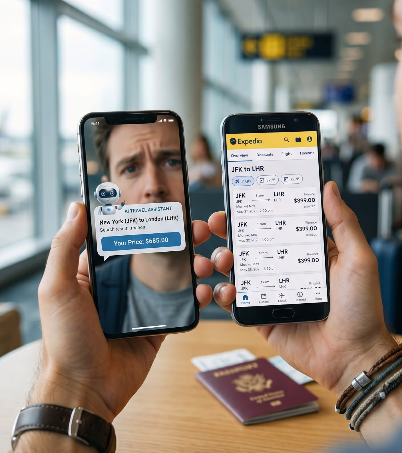 A high-contrast photography shot of a traveler's hand holding two smartphones. One screen shows an AI chat interface with a price, and the other shows a traditional booking app with a lower price. The traveler looks confused, capturing the 'price gap' reality.