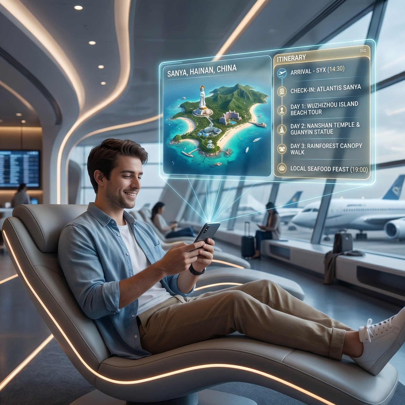 A cinematic, high-resolution shot of a traveler sitting in a futuristic airport lounge. An elegant, semi-transparent holographic AI interface floats above their smartphone, displaying a 3D map of a tropical island and a 'silky smooth' itinerary. The lighting is warm and high-tech.