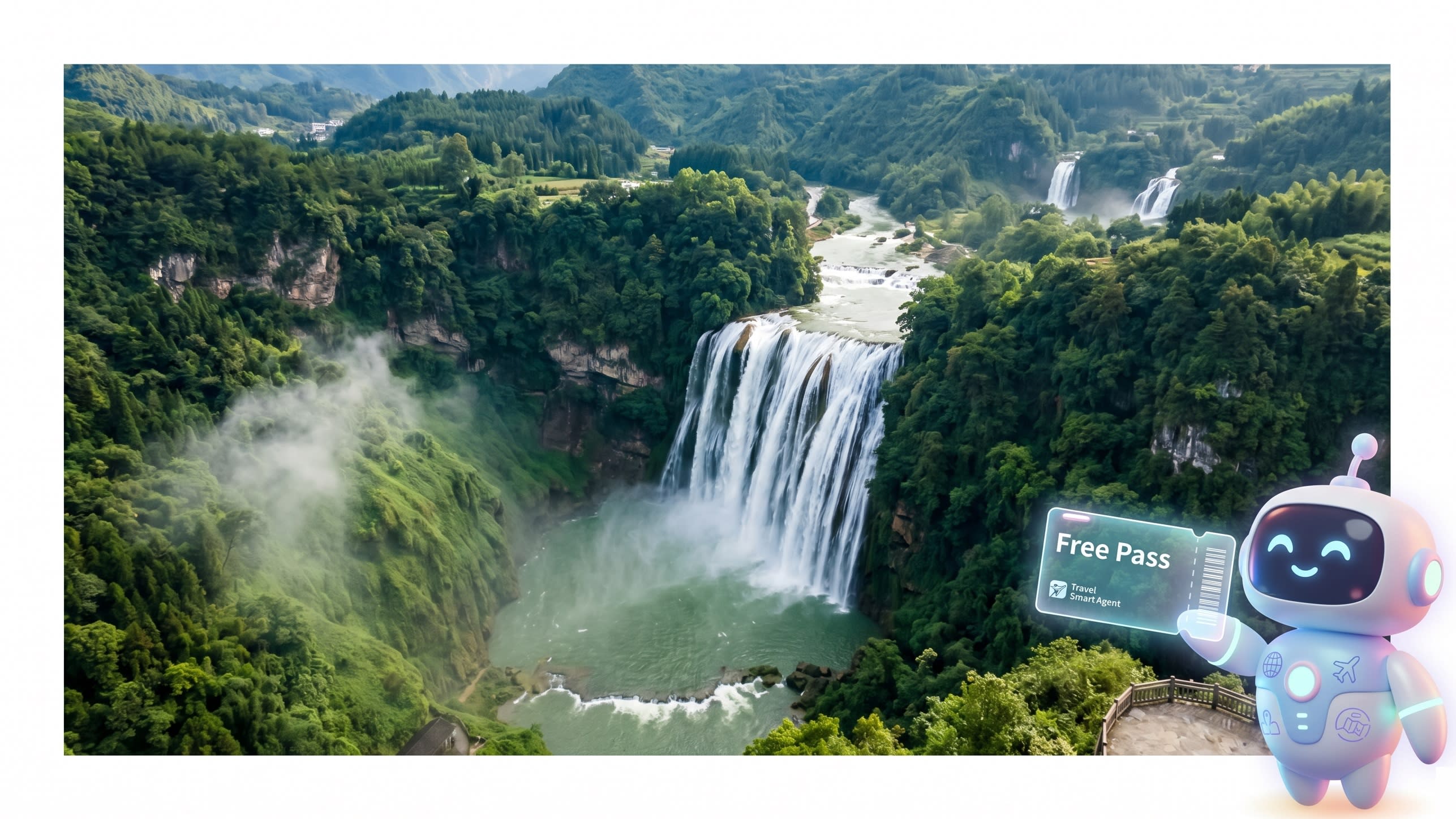 A stunning, high-altitude drone shot of the Huangguoshu Waterfall. Superimposed on the corner of the image is a cute, 3D stylized robot character (the AI assistant) waving and holding a digital ticket, symbolizing the fusion of nature and smart tourism.