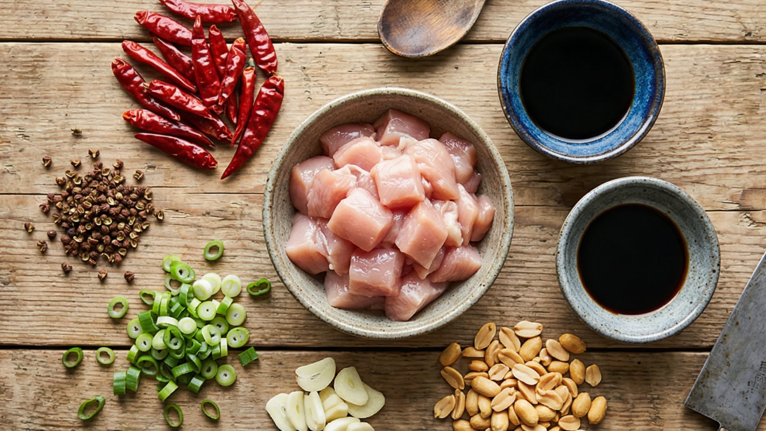 Flat lay food photography of raw ingredients for Kung Pao chicken on a wooden table