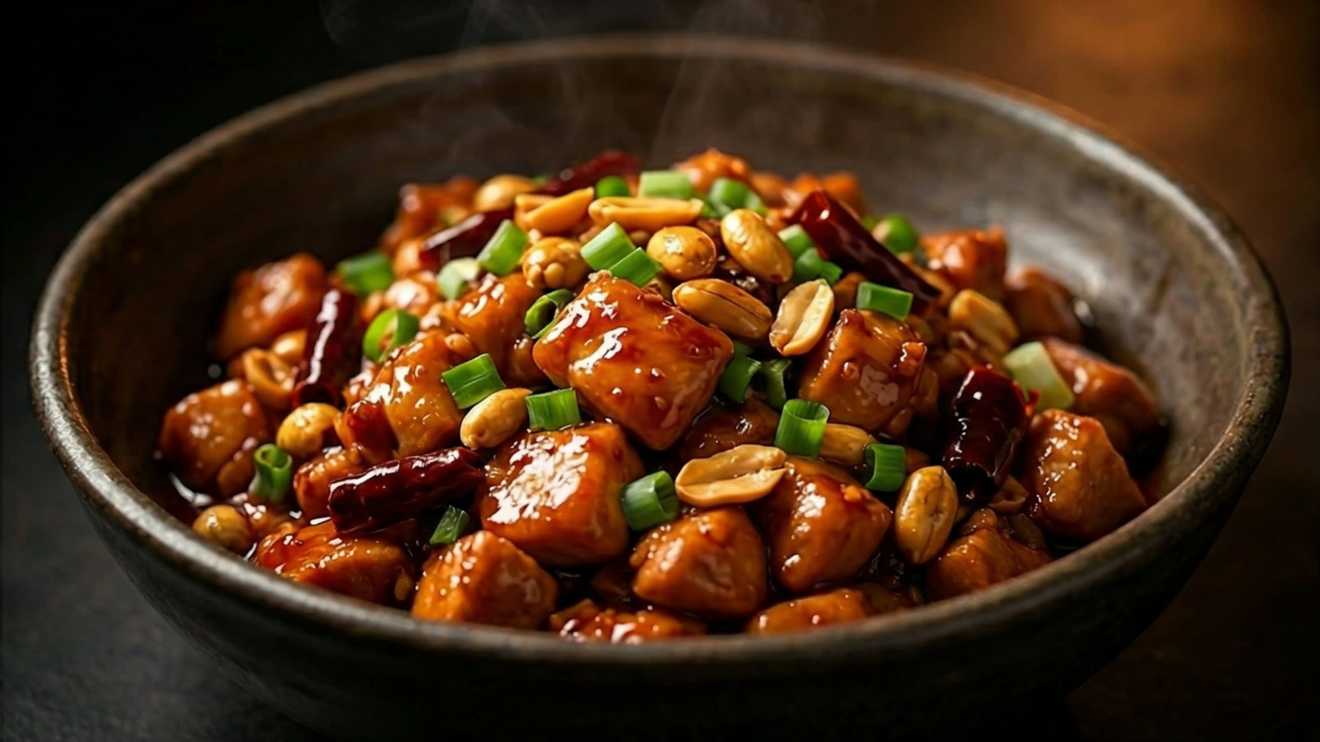 A cinematic, mouth-watering close-up of authentic Sichuan Kung Pao Chicken in a dark ceramic bowl