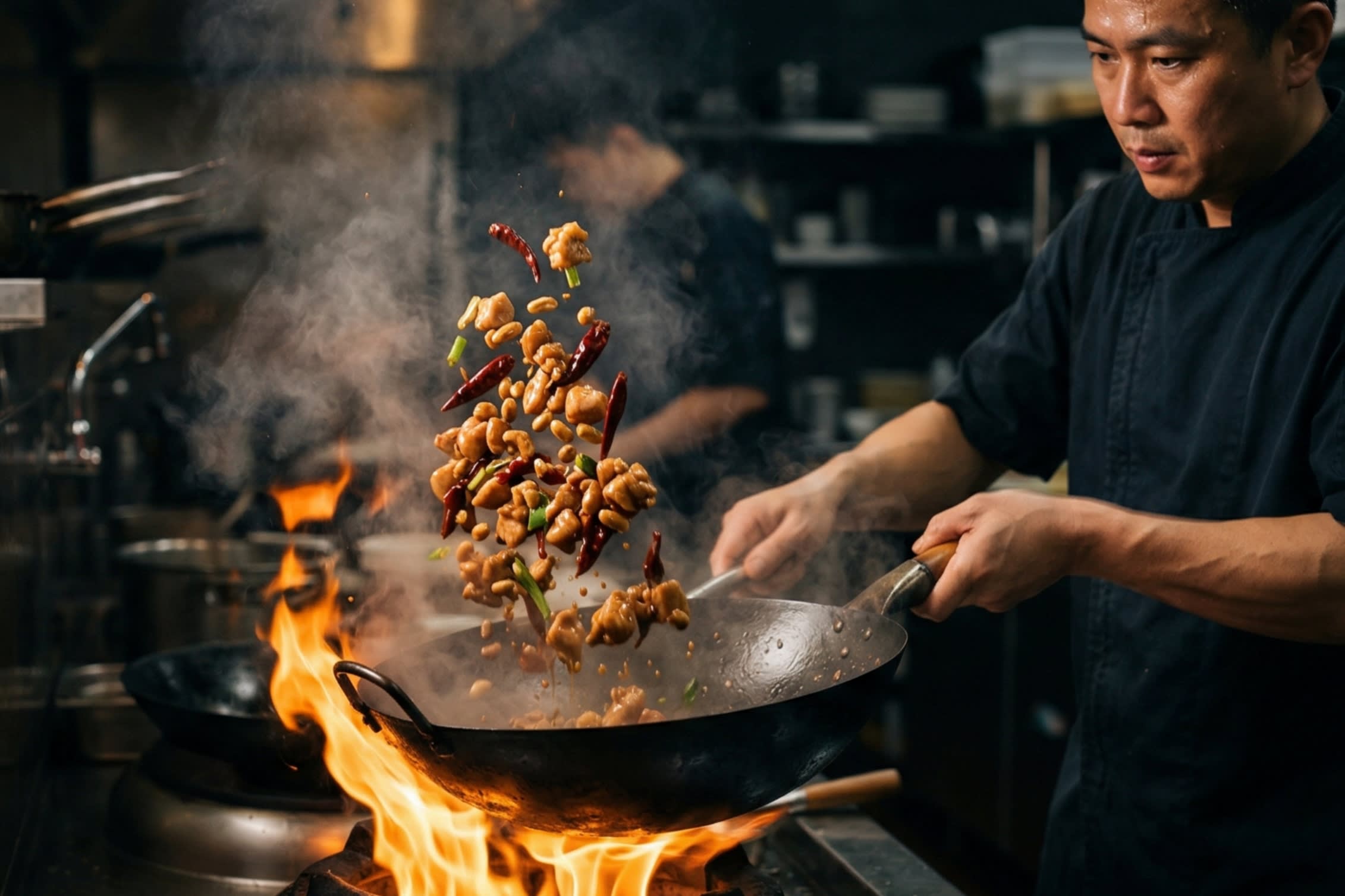 Action food photography, tossing Kung Pao Chicken in a traditional carbon steel wok over high flames