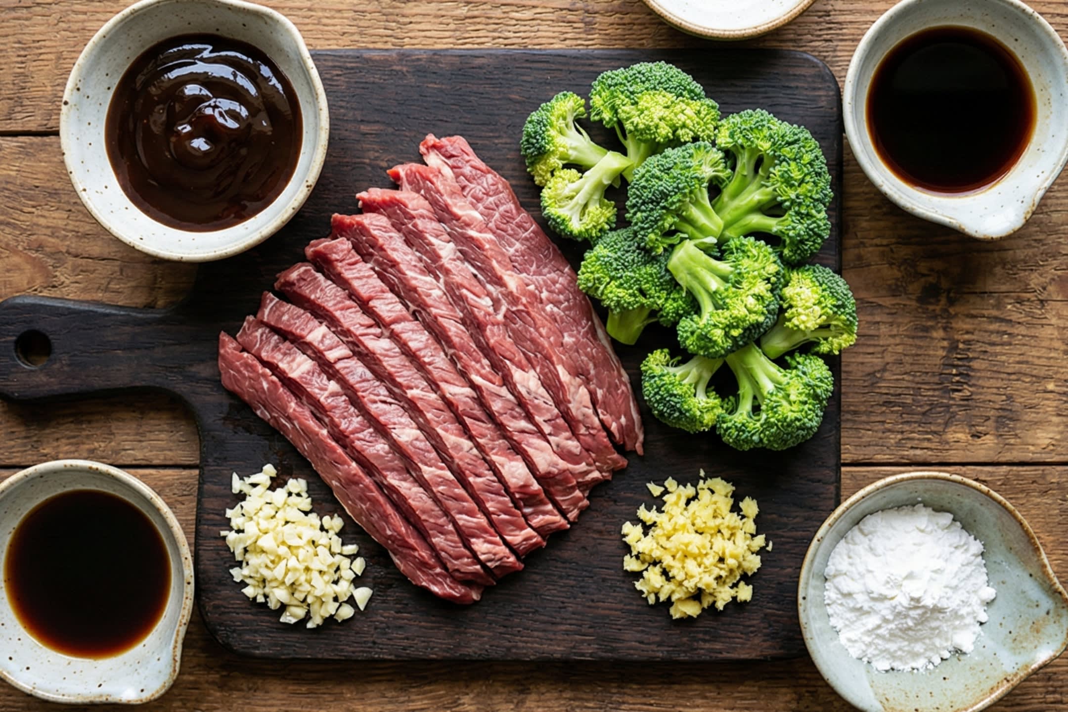 A beautiful flat lay of fresh ingredients on a dark wooden board: a piece of raw flank steak, a head of bright green broccoli, garlic, ginger, and small bowls of oyster sauce and soy sauce