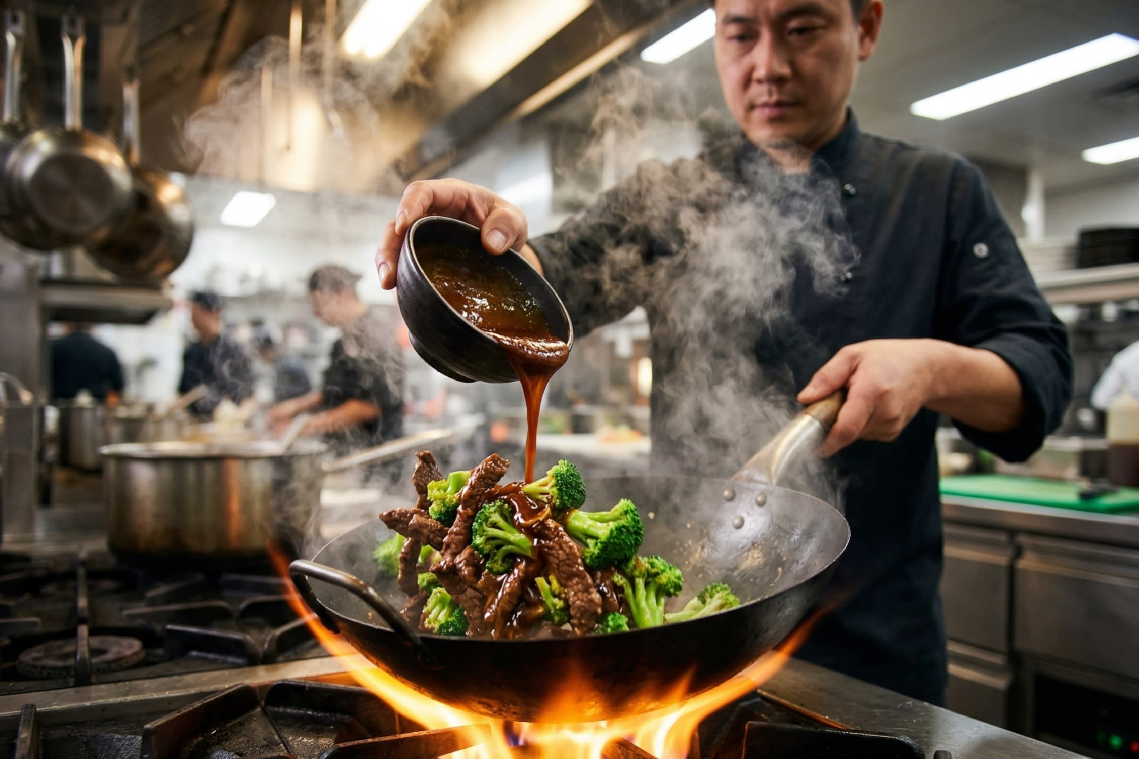 A dynamic cooking shot showing the thick, glossy brown sauce being poured into a sizzling wok over the beef and broccoli