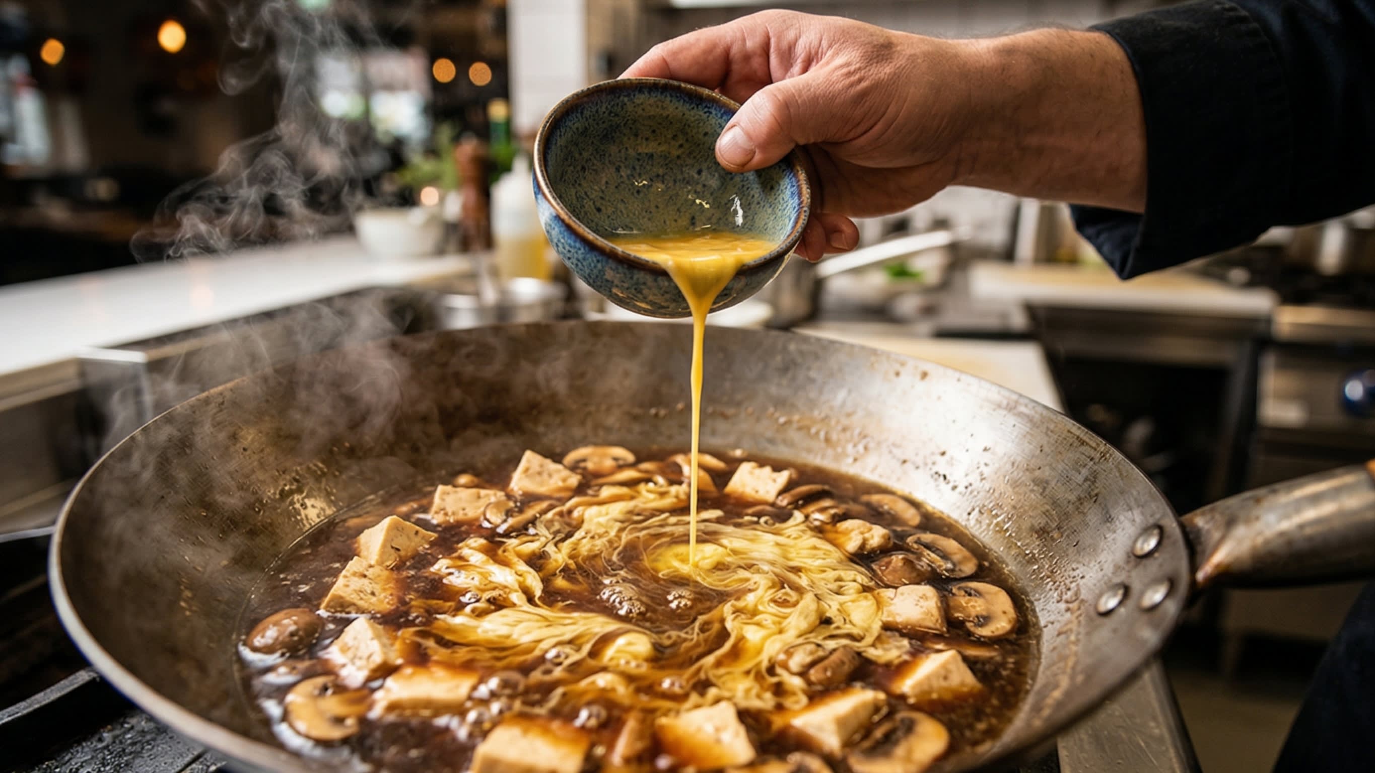 Action shot of pouring beaten egg in a slow, steady stream into the swirling, thickened dark broth to create beautiful egg ribbons