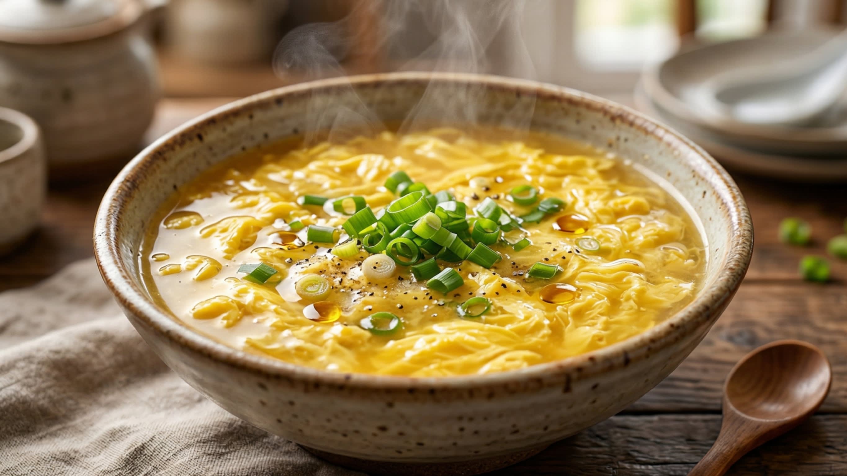 A gorgeous, steaming bowl of authentic Egg Drop Soup featuring bright, silky yellow egg ribbons floating in a rich, glossy golden broth, garnished with fresh green scallions