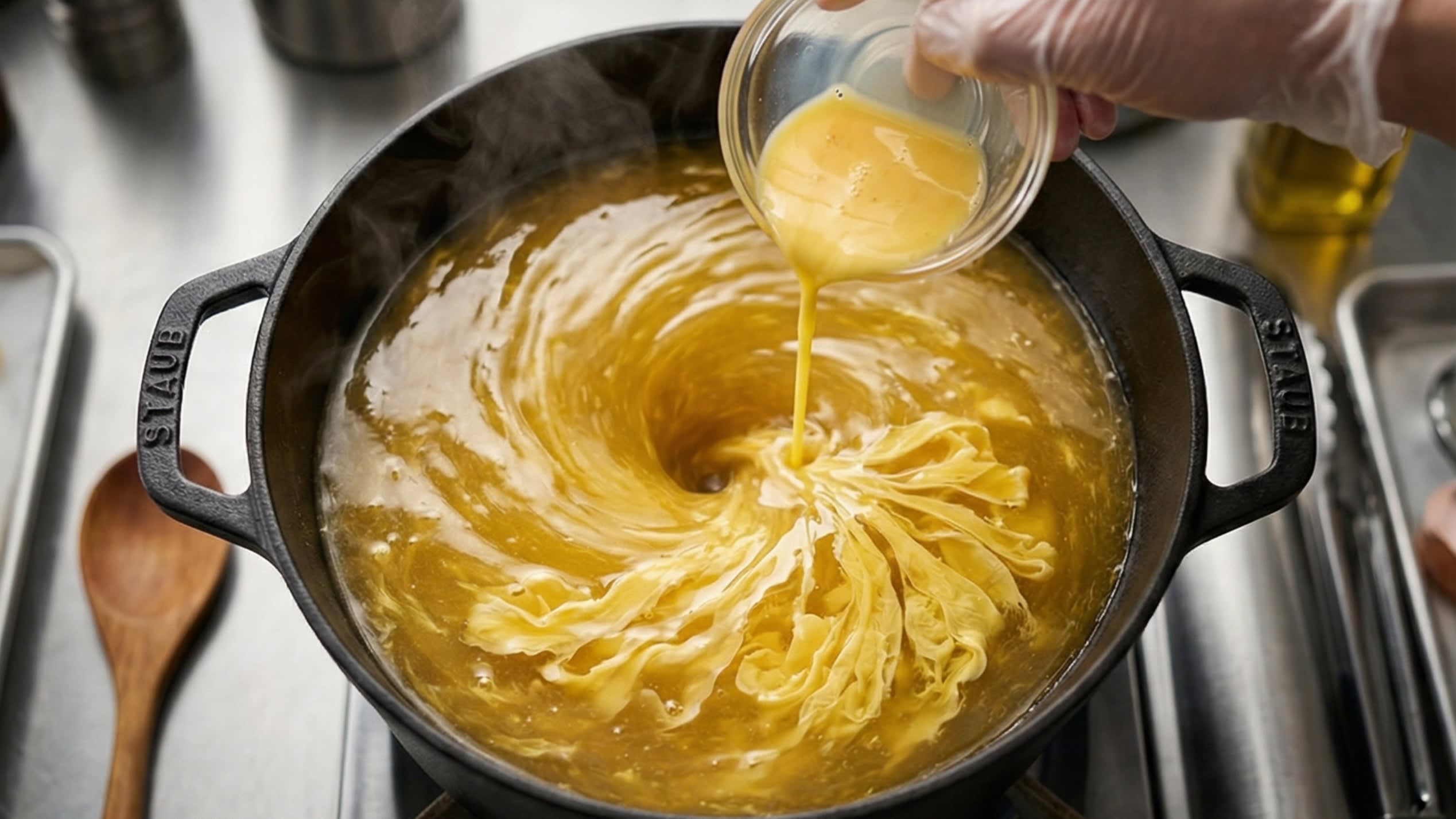 An action shot looking down into a pot, showing a slow stream of beaten egg being poured into a swirling, glossy golden chicken broth, instantly forming beautiful silken ribbons