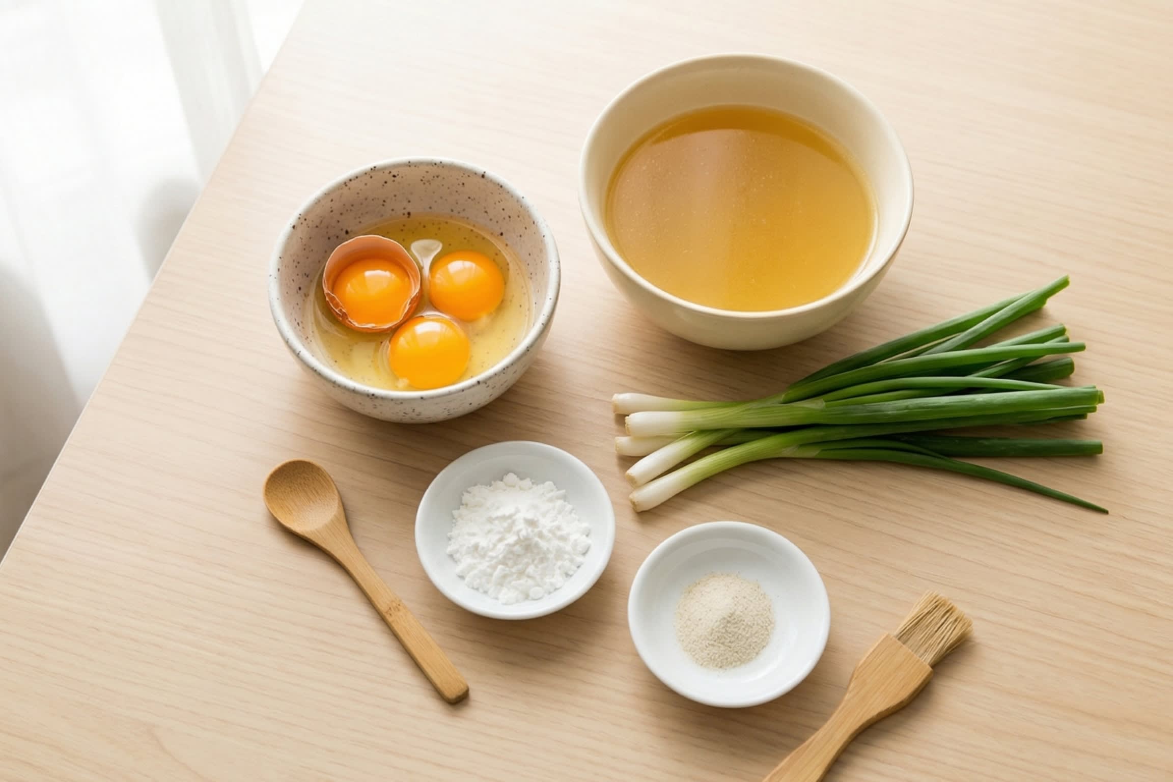 A minimalist flat lay showing the simple ingredients for Egg Drop soup: three fresh eggs with bright orange yolks, a bowl of rich chicken stock, fresh scallions, white pepper, and a small dish of cornstarch