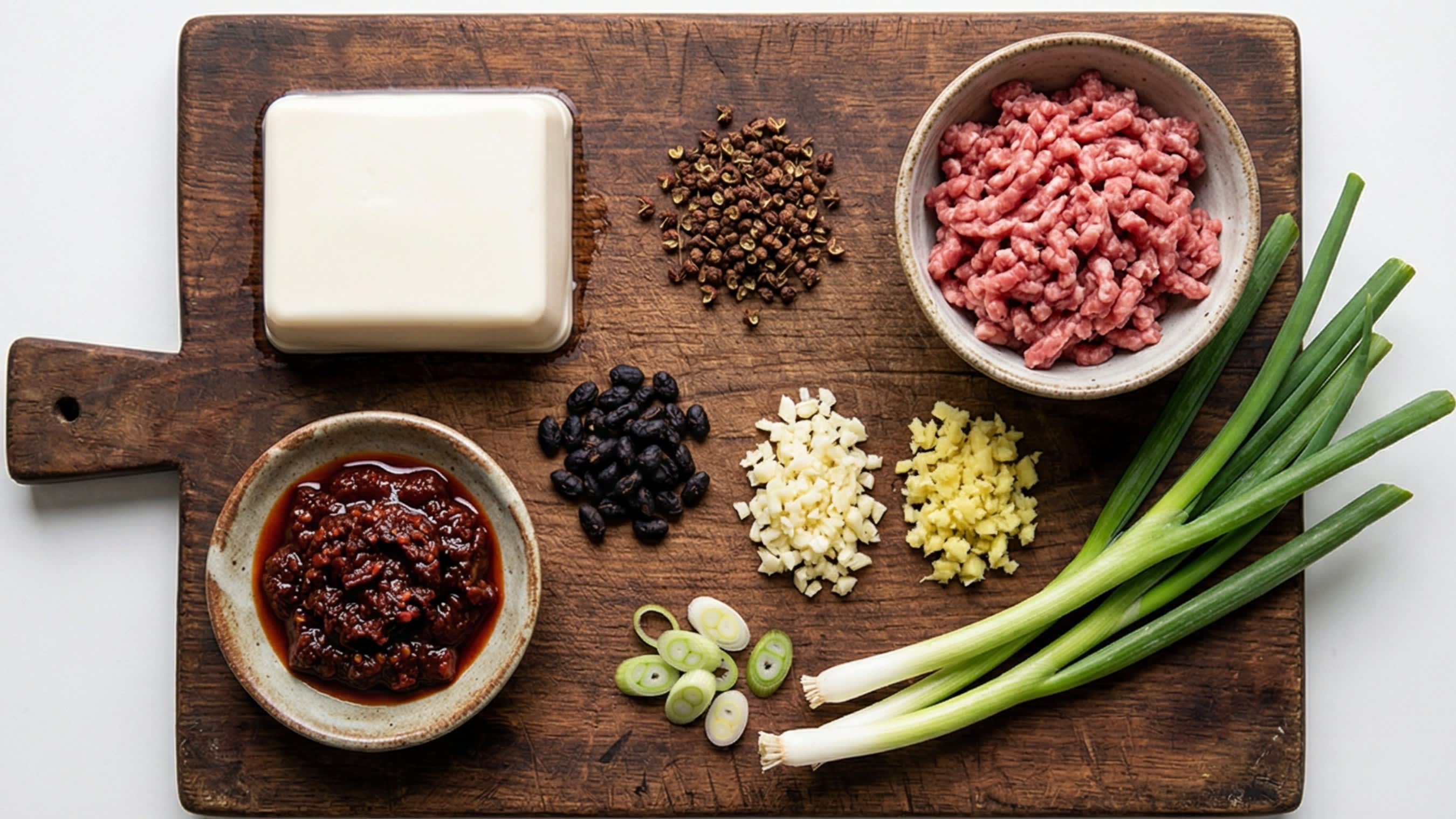 A top-down flat lay food photography shot of raw ingredients for Mapo Tofu on a dark wooden board: a block of white silken tofu, a small bowl of minced beef, dark red Pixian Doubanjiang paste, whole Sichuan peppercorns, fermented black beans, garlic, ginger, and fresh scallions.