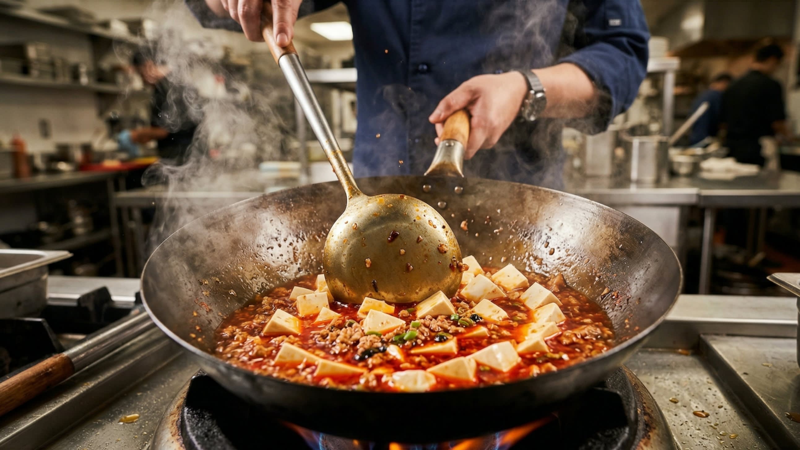 A dynamic action cooking shot inside a wok: a chef is gently pushing white silken tofu cubes into a bubbling, rich red chili oil sauce using the back of a metal spatula. Plumes of appetizing steam are rising.