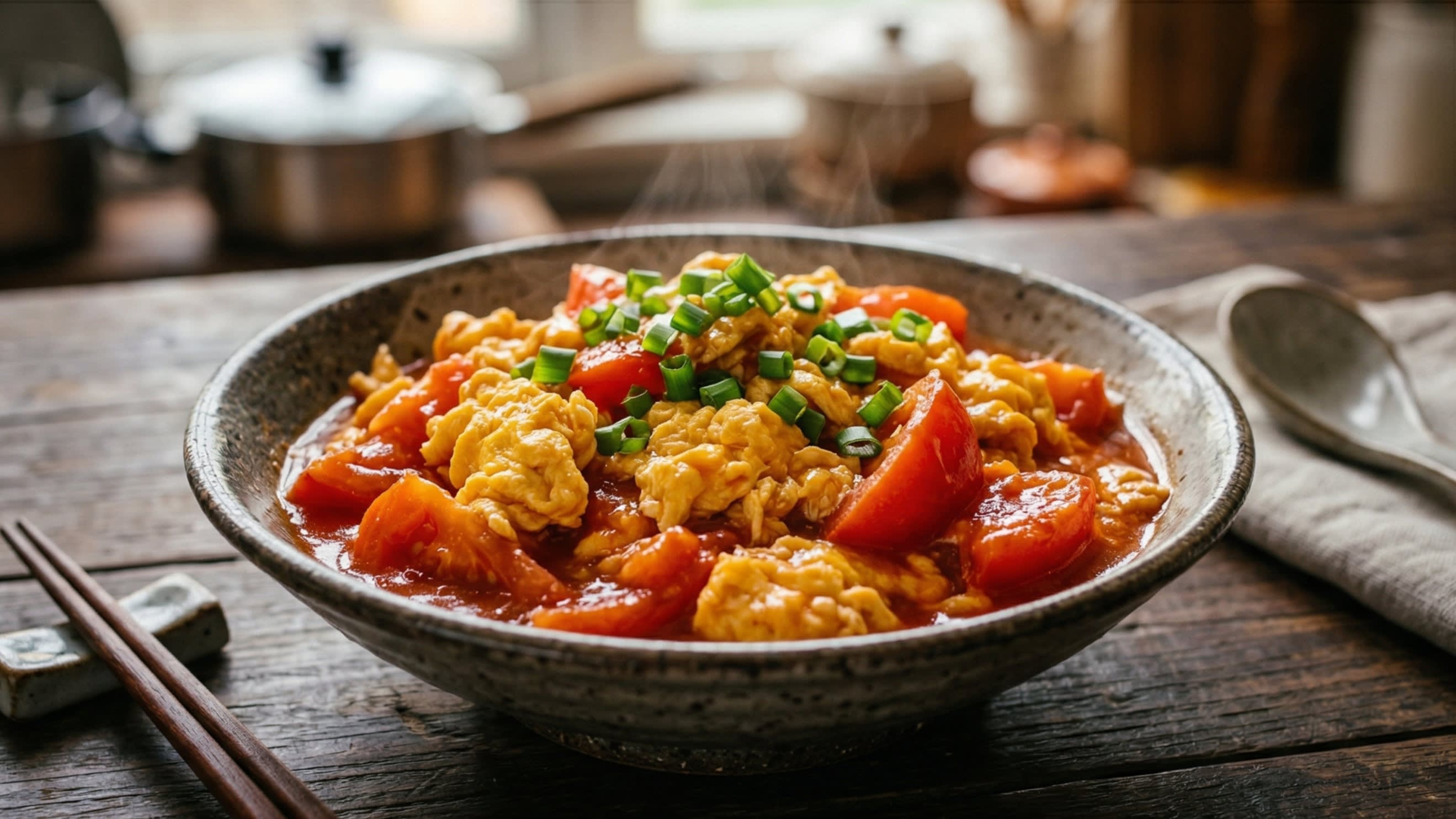 A stunning, high-definition close-up of steaming Tomato and Egg Stir-fry served in a beautiful ceramic bowl, featuring fluffy golden eggs mixed with vibrant, juicy red tomatoes in a rich, glossy sauce, garnished with fresh green scallions