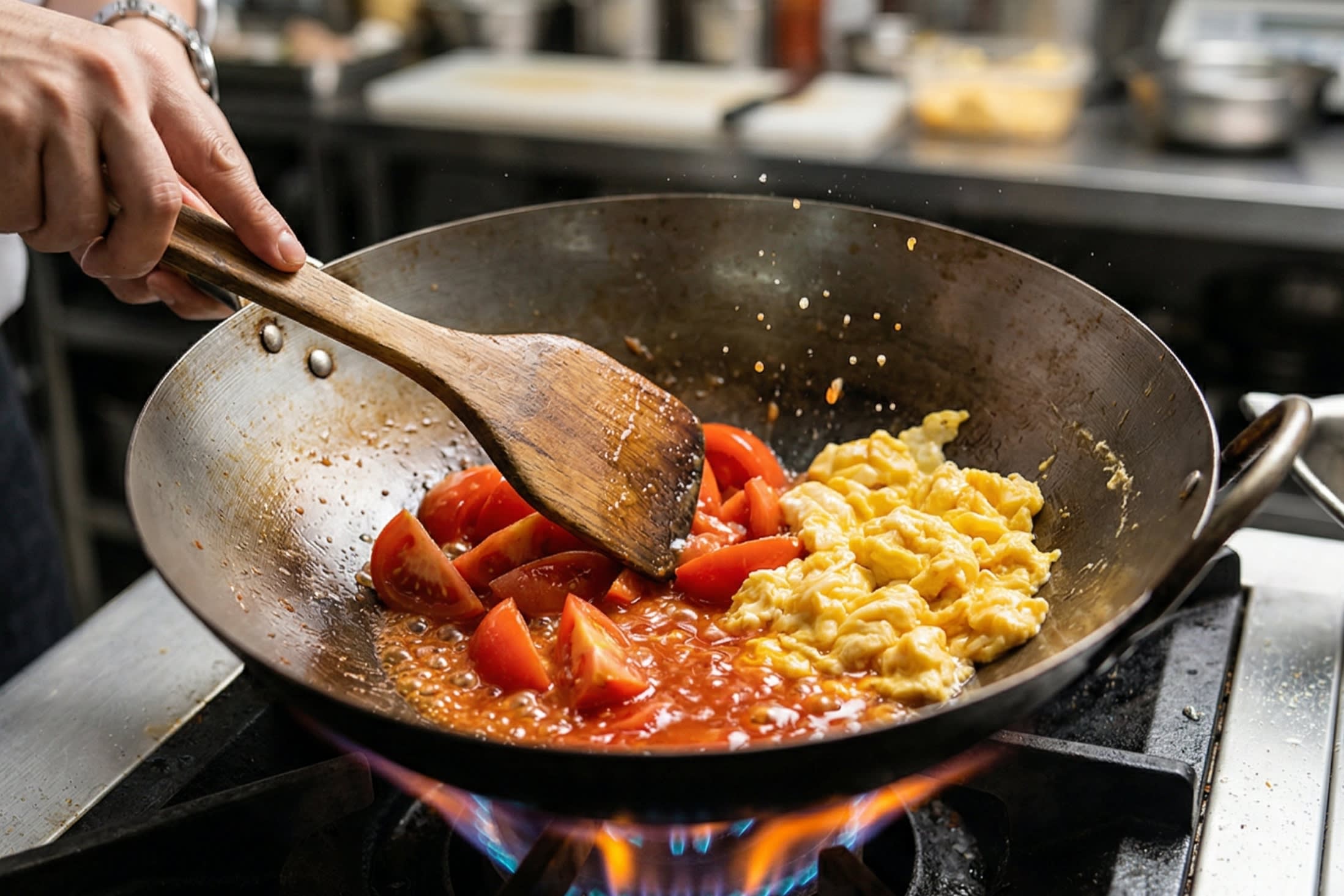 A dynamic cooking action shot showing a wok over a high flame. A spatula is actively pressing down on bright red tomato wedges to release their rich, bubbling red juices, while fluffy scrambled eggs wait on a plate nearby.