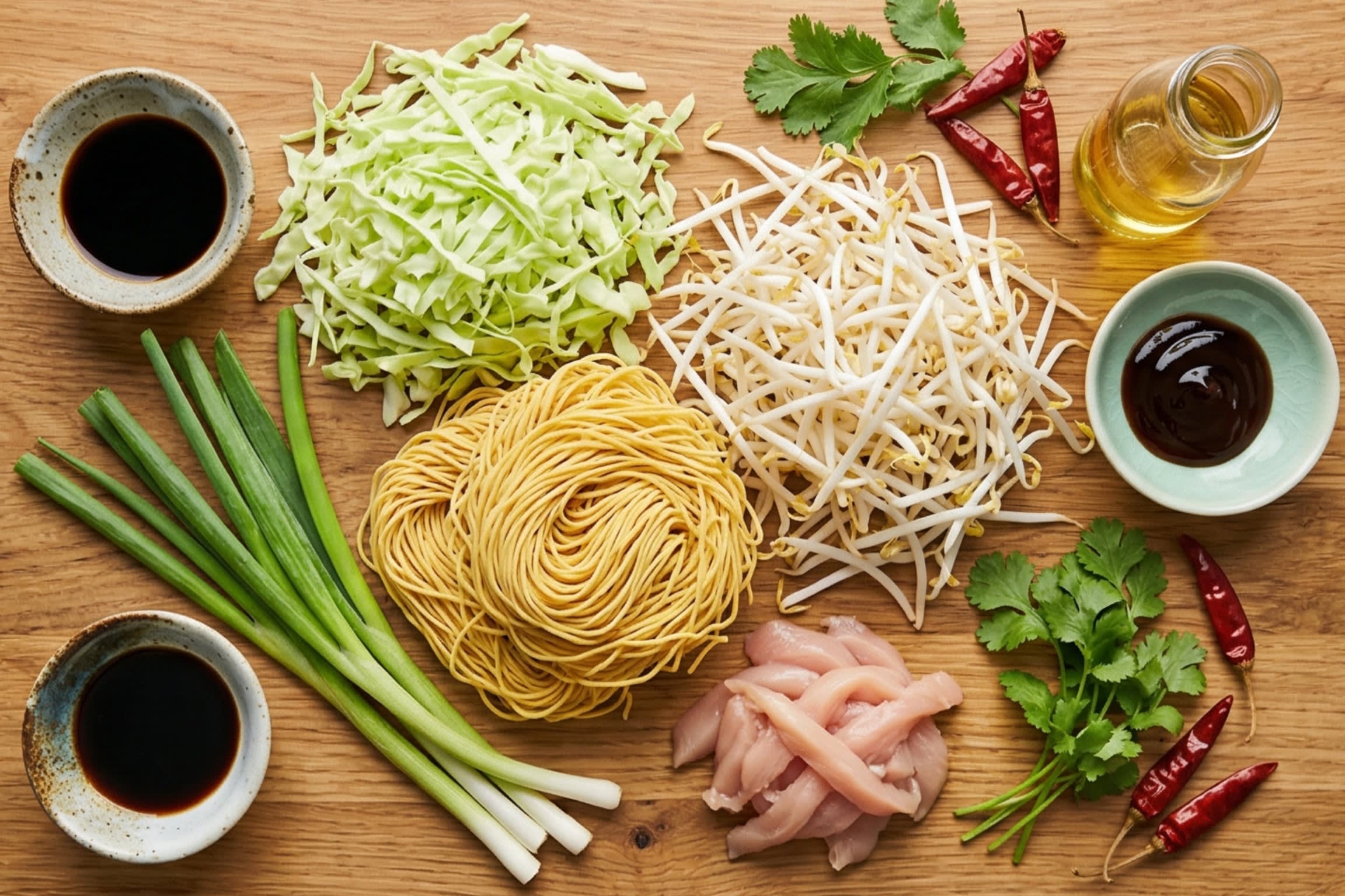 A bright, top-down flat lay food photography shot showing the raw ingredients: a nest of fresh yellow egg noodles, a mound of fresh mung bean sprouts, shredded green cabbage, long scallion sections, raw chicken breast strips, and small bowls of soy sauce and oyster sauce.