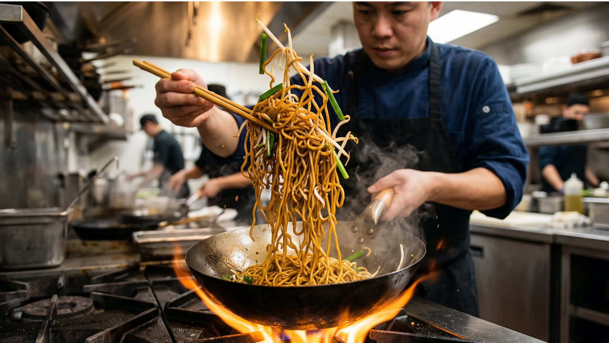 A dynamic cooking action shot inside a well-seasoned wok. A chef is using long wooden chopsticks to vigorously lift and toss a massive tangle of golden noodles, mixing them with bright green scallions and crispy bean sprouts over a high flame.
