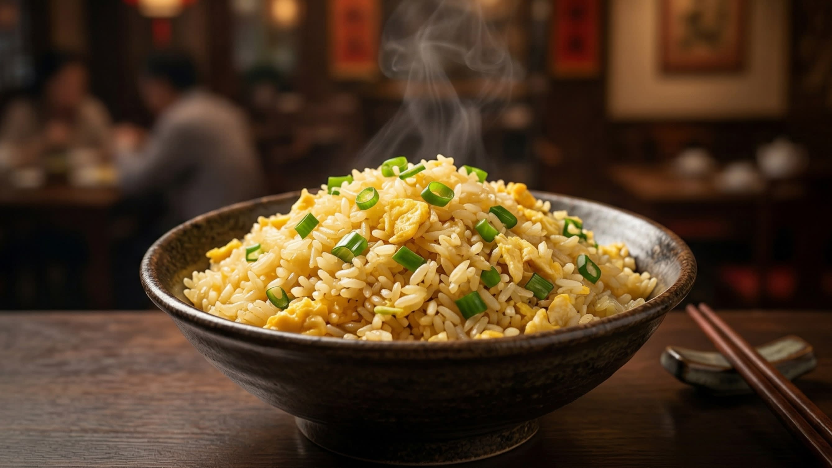 A stunning, high-definition close-up of steaming authentic Chinese Egg Fried Rice served in a rustic ceramic bowl. The rice grains are perfectly separated and coated in a golden-yellow hue, tossed with bright green scallions and fluffy bits of scrambled egg.