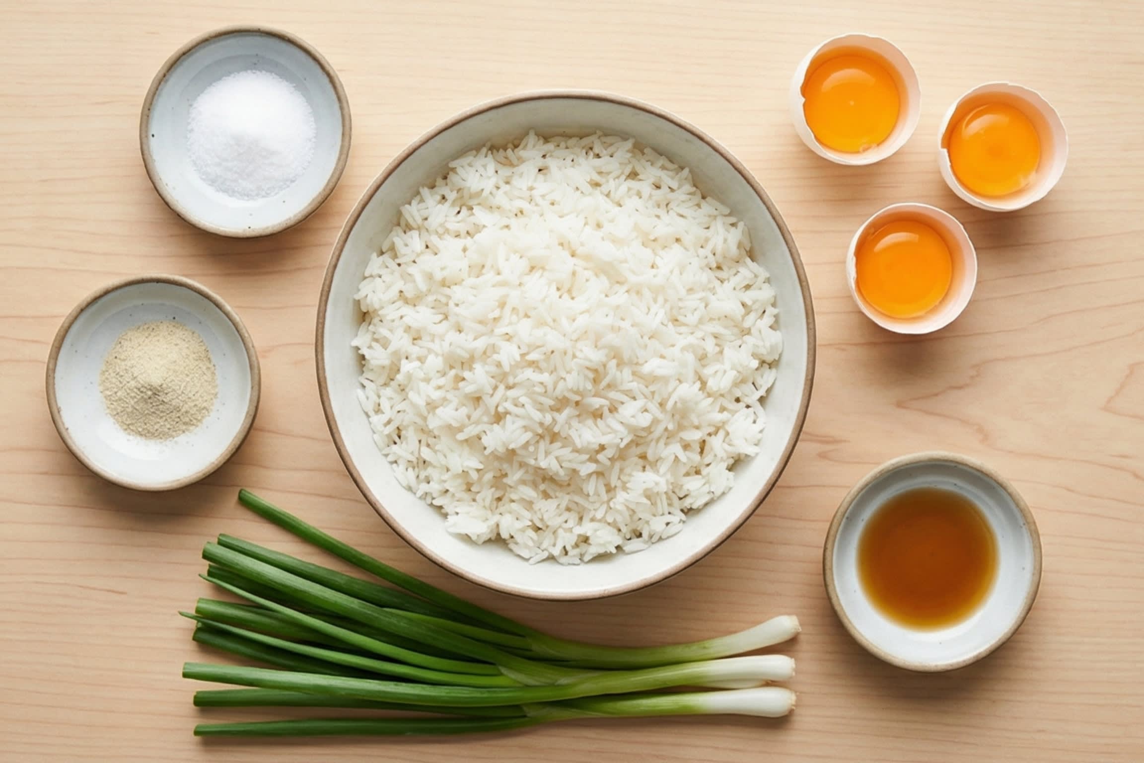 A minimalist top-down flat lay food photography shot showing the raw ingredients for Egg Fried Rice: a large bowl of cold, day-old white jasmine rice, three fresh eggs with bright orange yolks, a bunch of fresh scallions, and small ceramic dishes containing salt, white pepper, and light soy sauce.