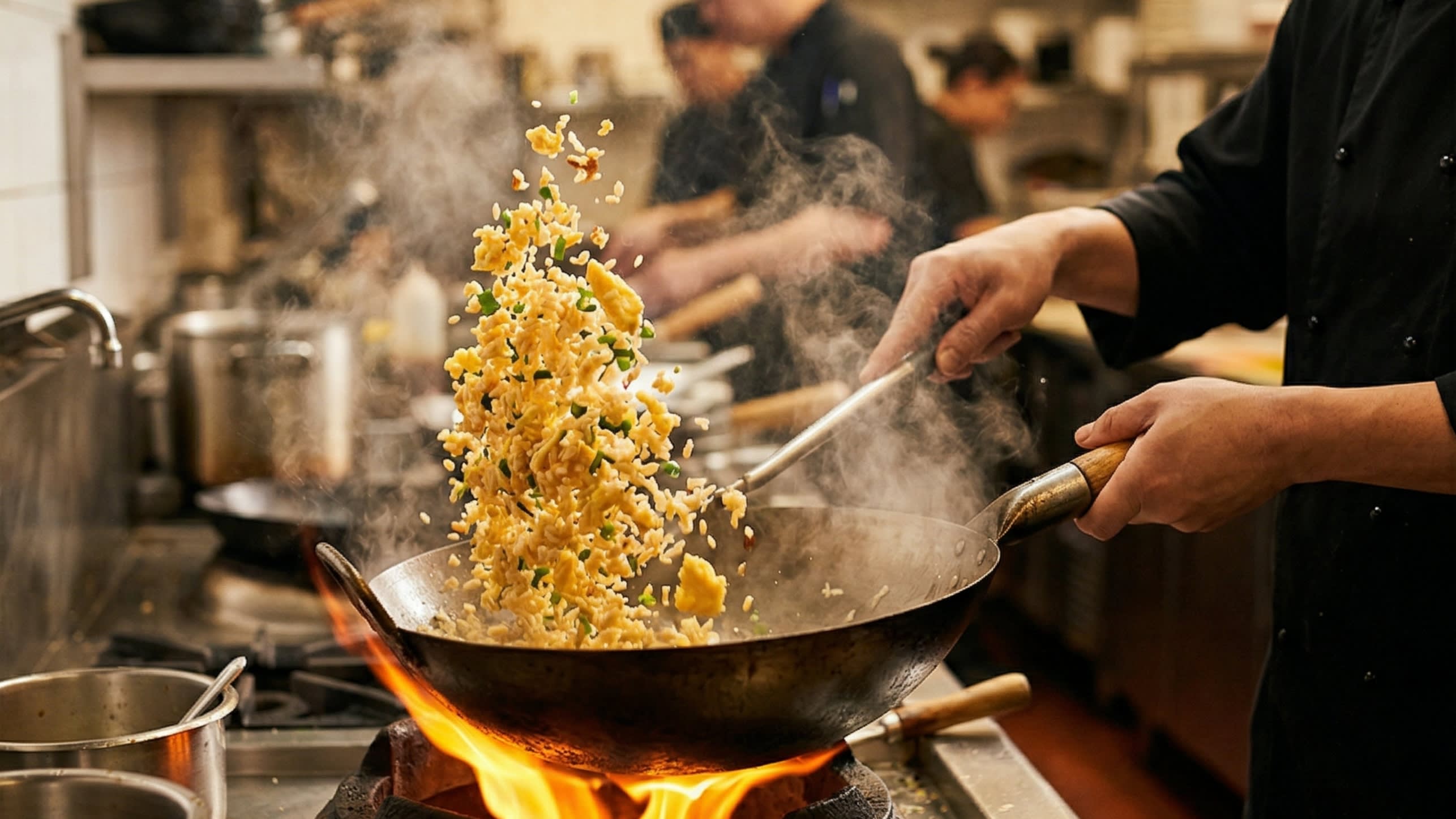 A dynamic action cooking shot showing a hot, well-seasoned carbon steel wok over a roaring flame. A chef is tossing the golden fried rice high into the air, with individual rice grains flying distinctly separate from one another, surrounded by intense appetizing steam.