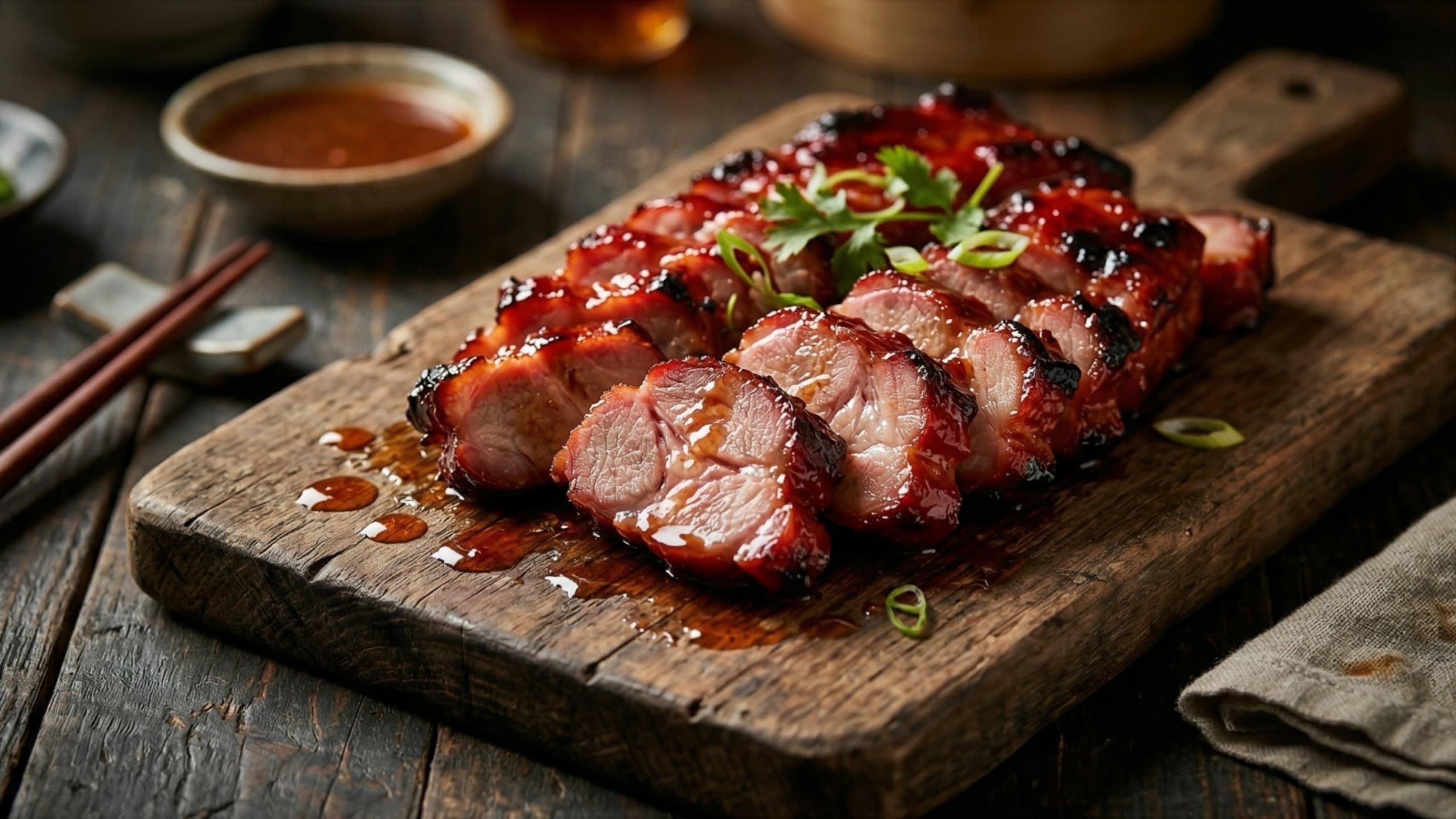 A stunning, high-definition close-up of freshly roasted, sliced Cantonese Char Siu on a rustic wooden cutting board. The pork features a brilliant, glossy, caramelized ruby-red exterior with slightly charred edges, and the inside is incredibly juicy and tender.
