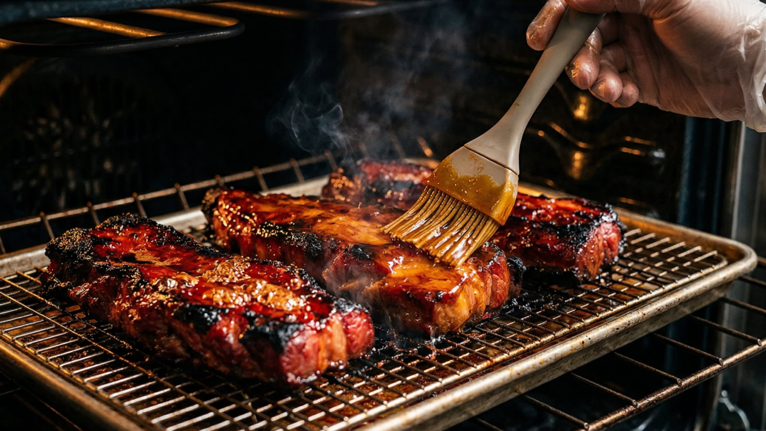 A dynamic action shot looking into a hot oven. A chef is using a silicone brush to slather a thick, glossy, amber maltose glaze onto the sizzling, ruby-red Char Siu strips resting on a wire rack.