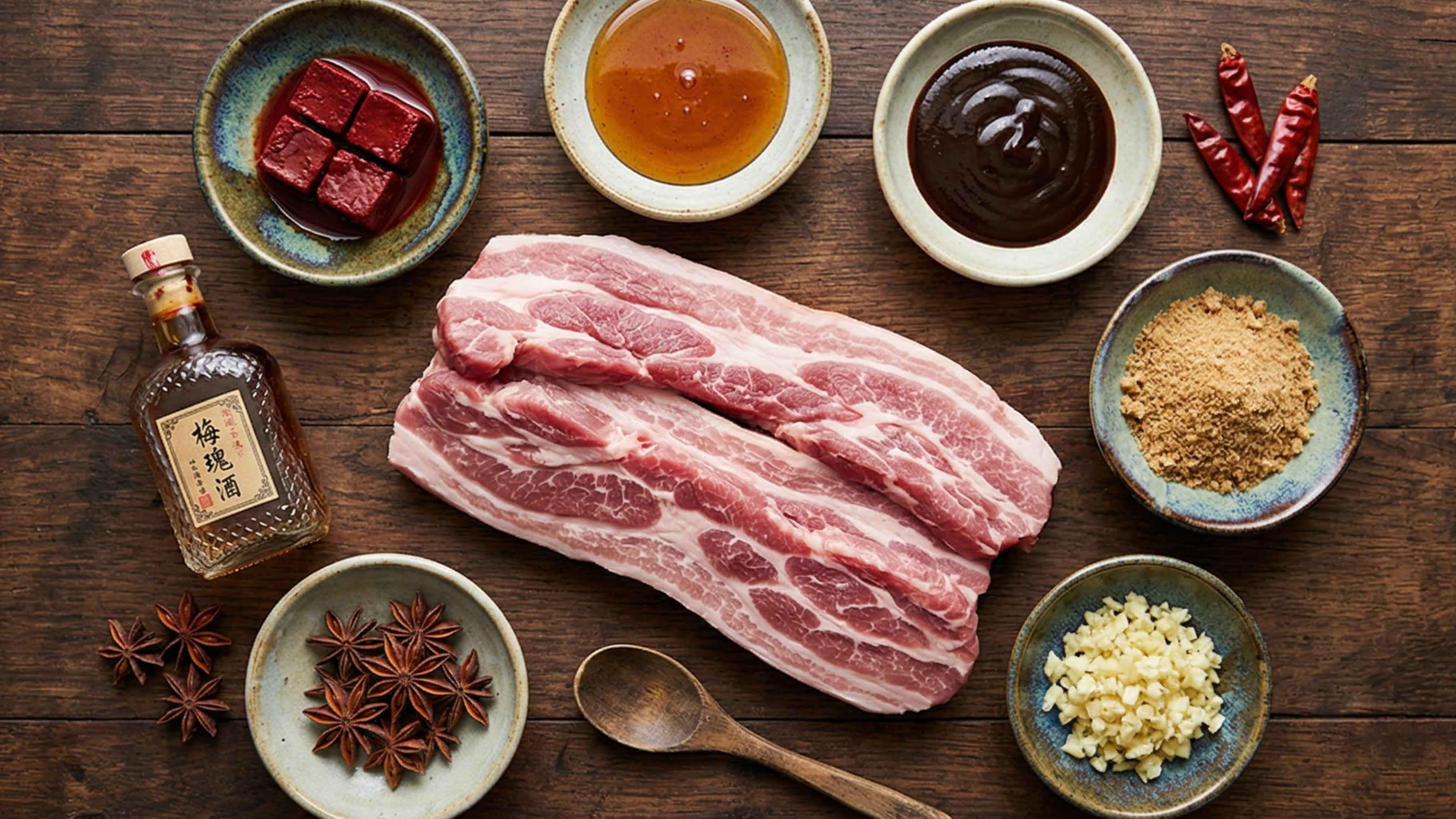 A beautiful flat lay of ingredients on a dark wooden board: long strips of beautifully marbled raw pork shoulder, a jar of fermented red bean curd, thick maltose syrup, hoisin sauce, soy sauce, and a small bottle of Chinese rose wine.