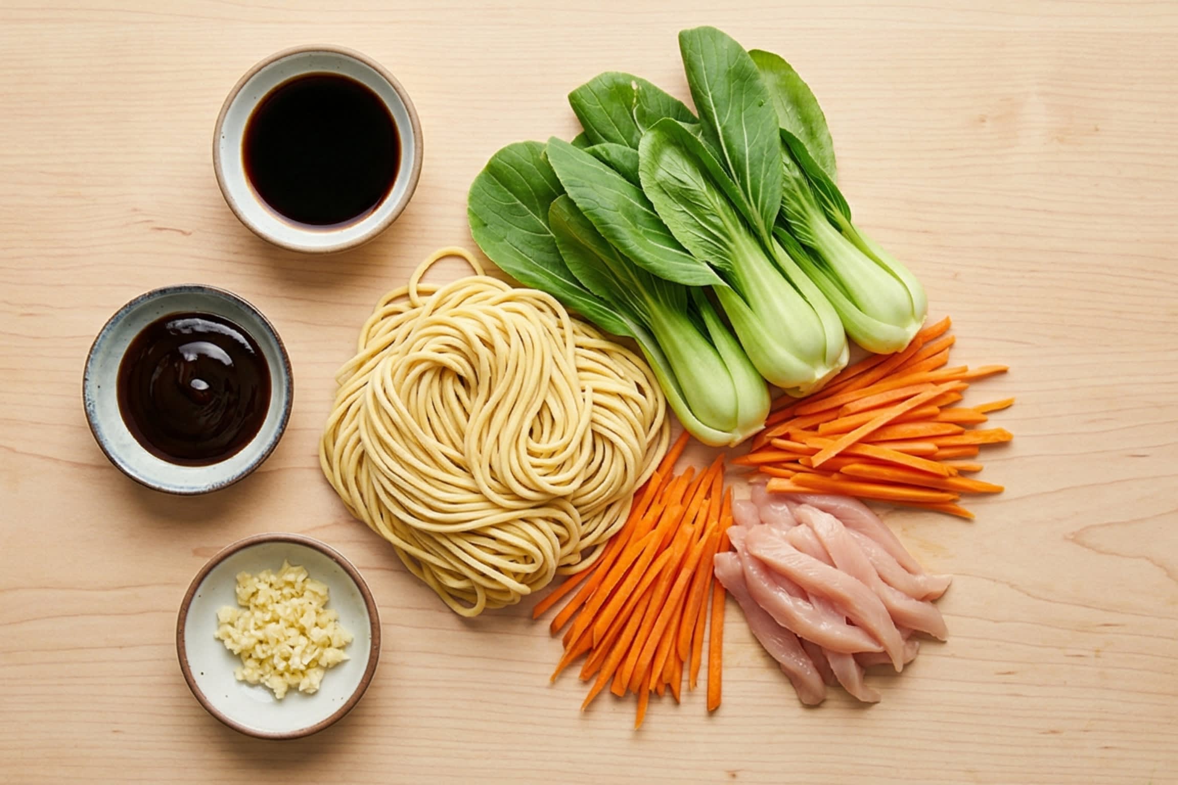 A vibrant, top-down flat lay food photography shot showing the raw ingredients: a package of thick yellow fresh egg noodles, a bunch of fresh green baby bok choy, sliced chicken breast, garlic, and small bowls containing dark soy sauce, light soy sauce, and thick oyster sauce.