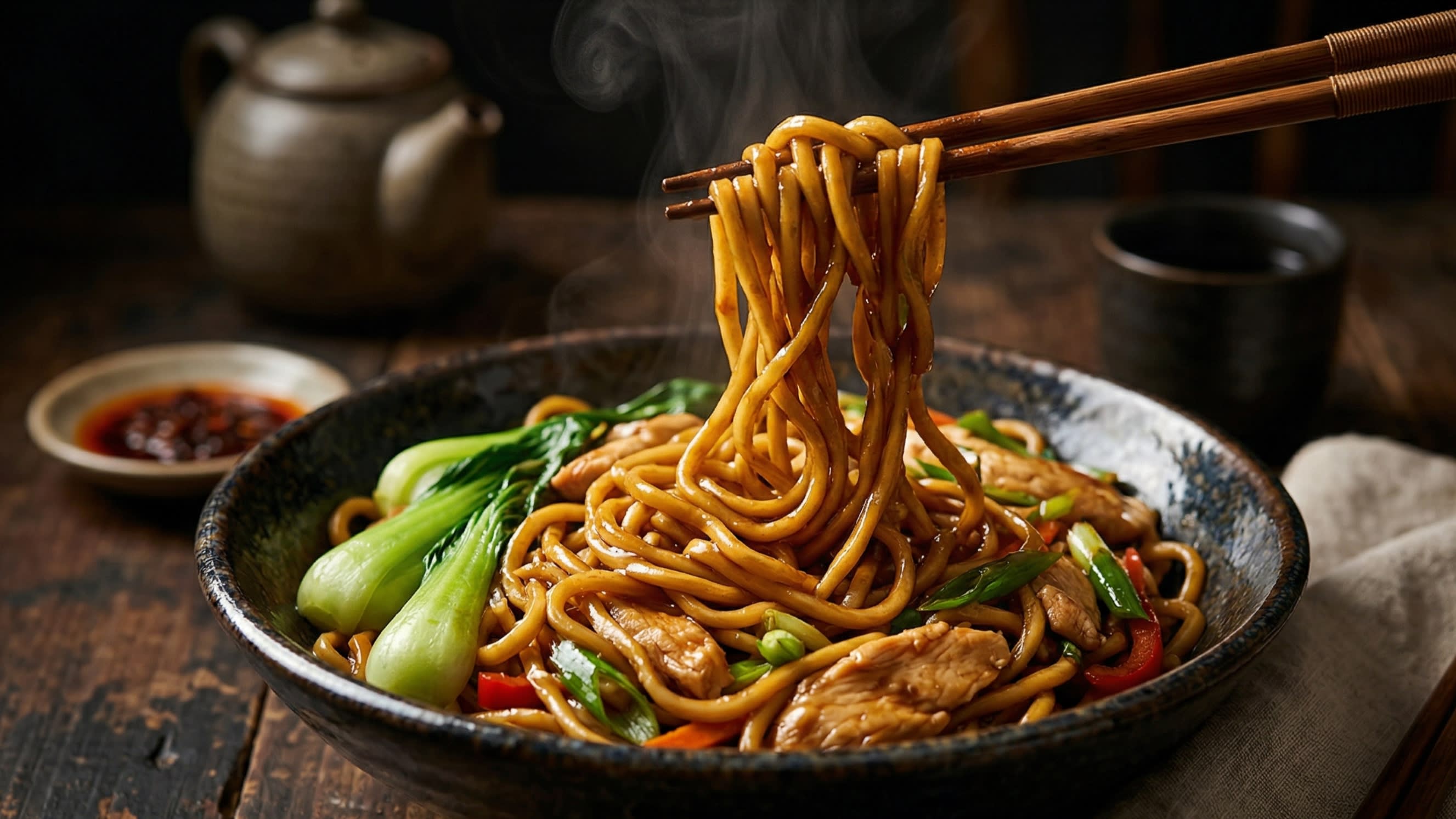A stunning, high-definition close-up of an authentic Chinese Lo Mein served in a rustic ceramic bowl. Thick, chewy egg noodles are perfectly coated in a thick, glossy, dark mahogany sauce, mixed with vibrant green bok choy and tender slices of chicken. A pair of bamboo chopsticks is lifting a glistening portion of noodles into the air.