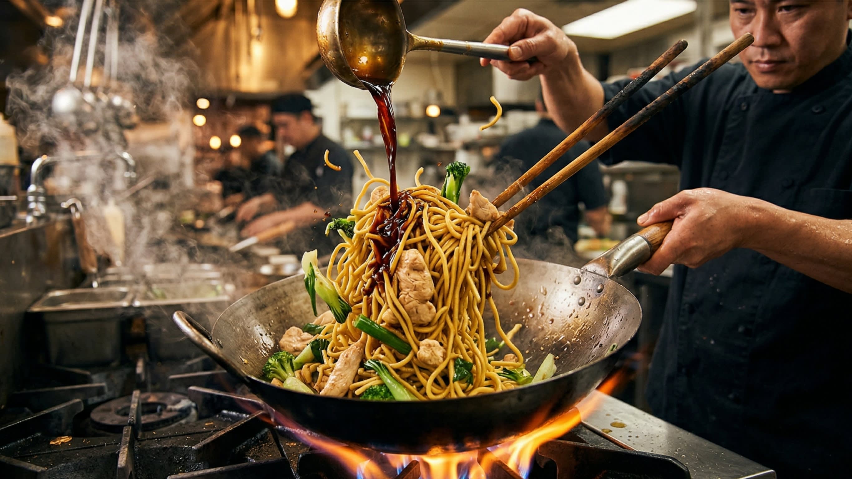 A dynamic action cooking shot inside a wok. A chef is pouring a thick, dark, glossy sauce over a mountain of thick yellow noodles, using chopsticks to toss and mix everything together. Steam is rising, showing the sauce beautifully coating every strand of the noodles.