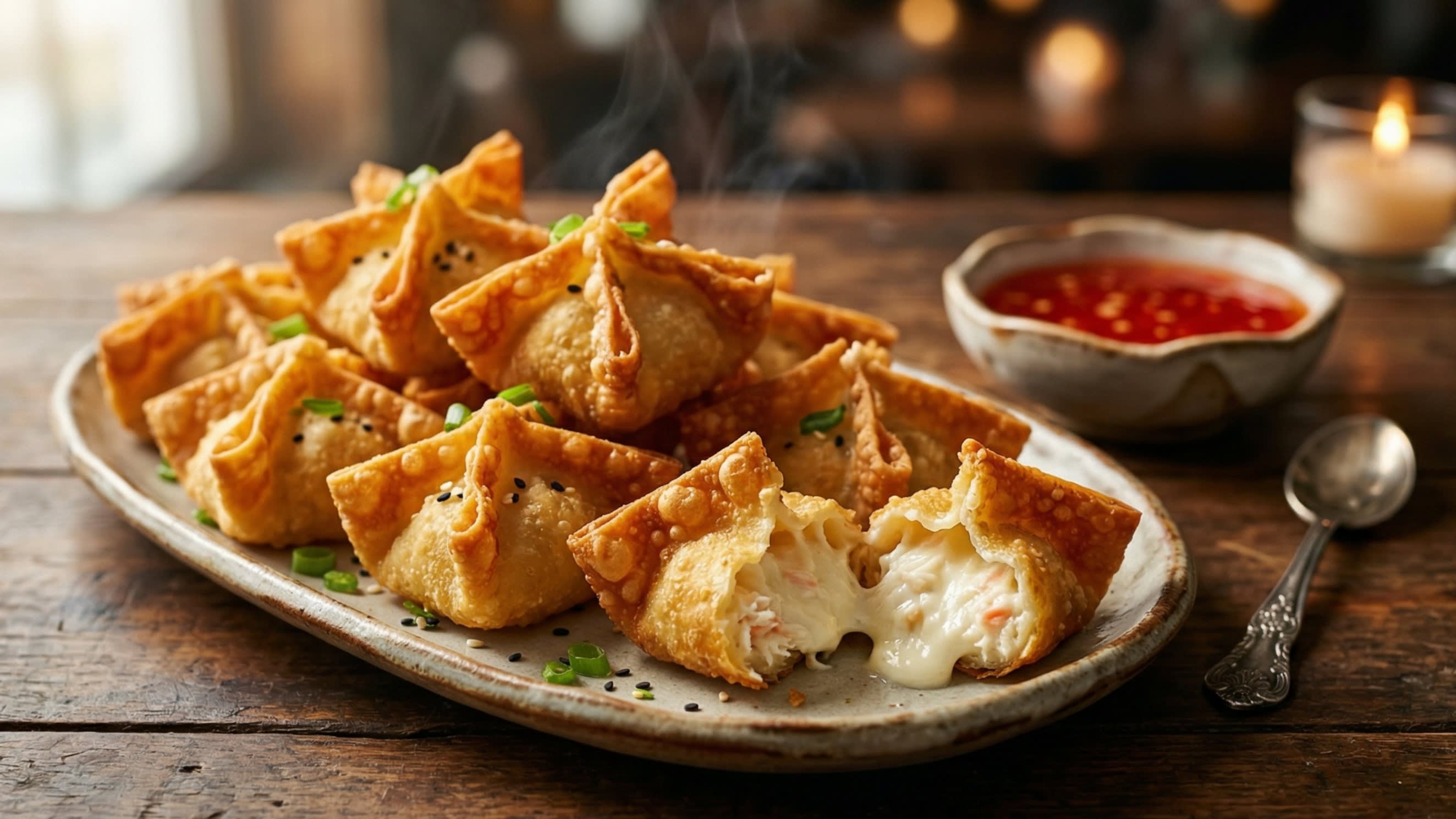 A stunning, high-definition close-up of crispy, golden-brown Crab Rangoons piled on a beautiful ceramic platter. One has been bitten into, revealing a hot, creamy, gooey white cheese and crab filling. A small aesthetic bowl of bright red sweet and sour sauce sits in the background.