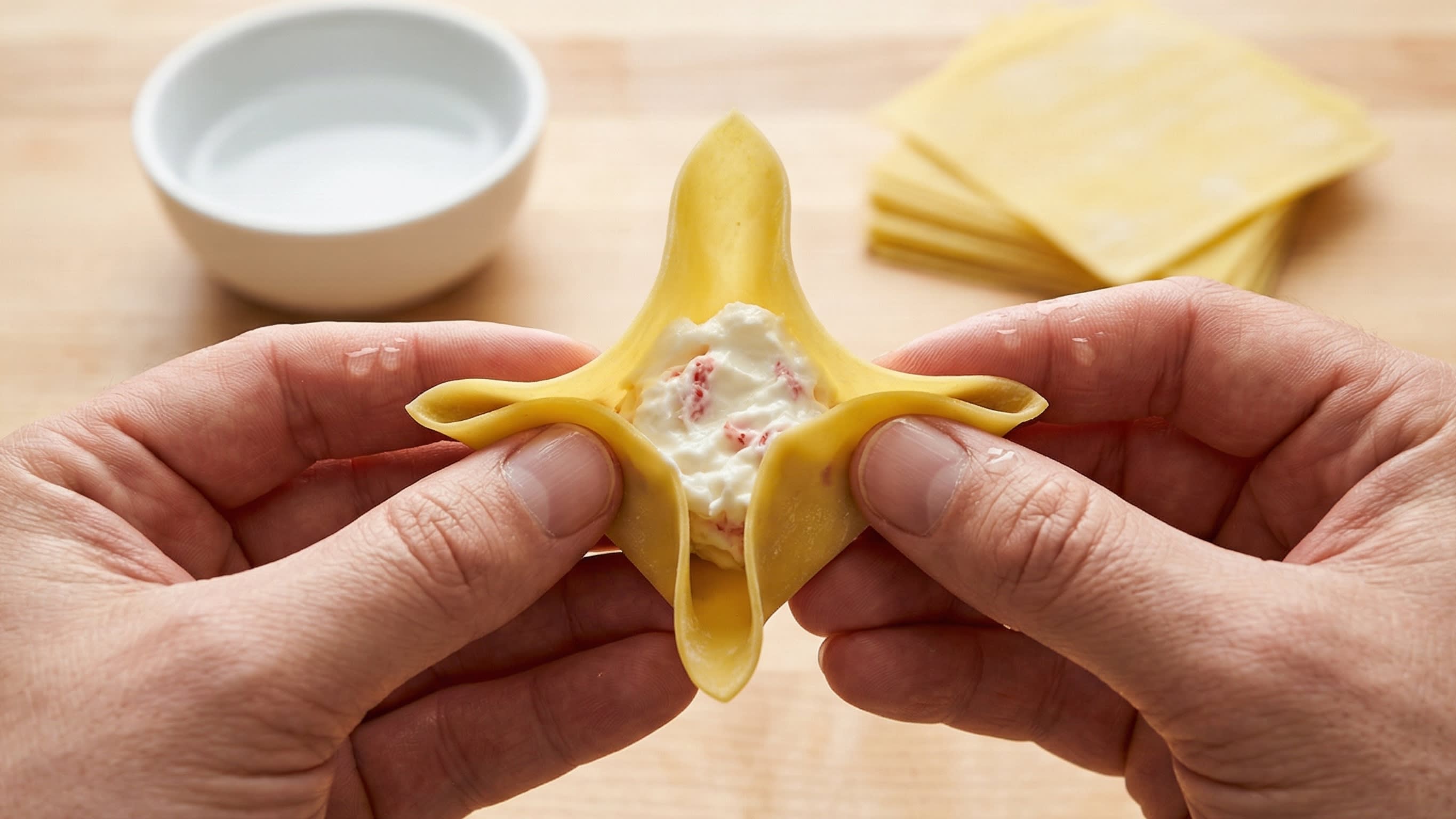 A dynamic close-up action shot of a chef's hands folding a square wonton wrapper into a beautiful four-point star shape, sealing the creamy crab filling tightly inside.