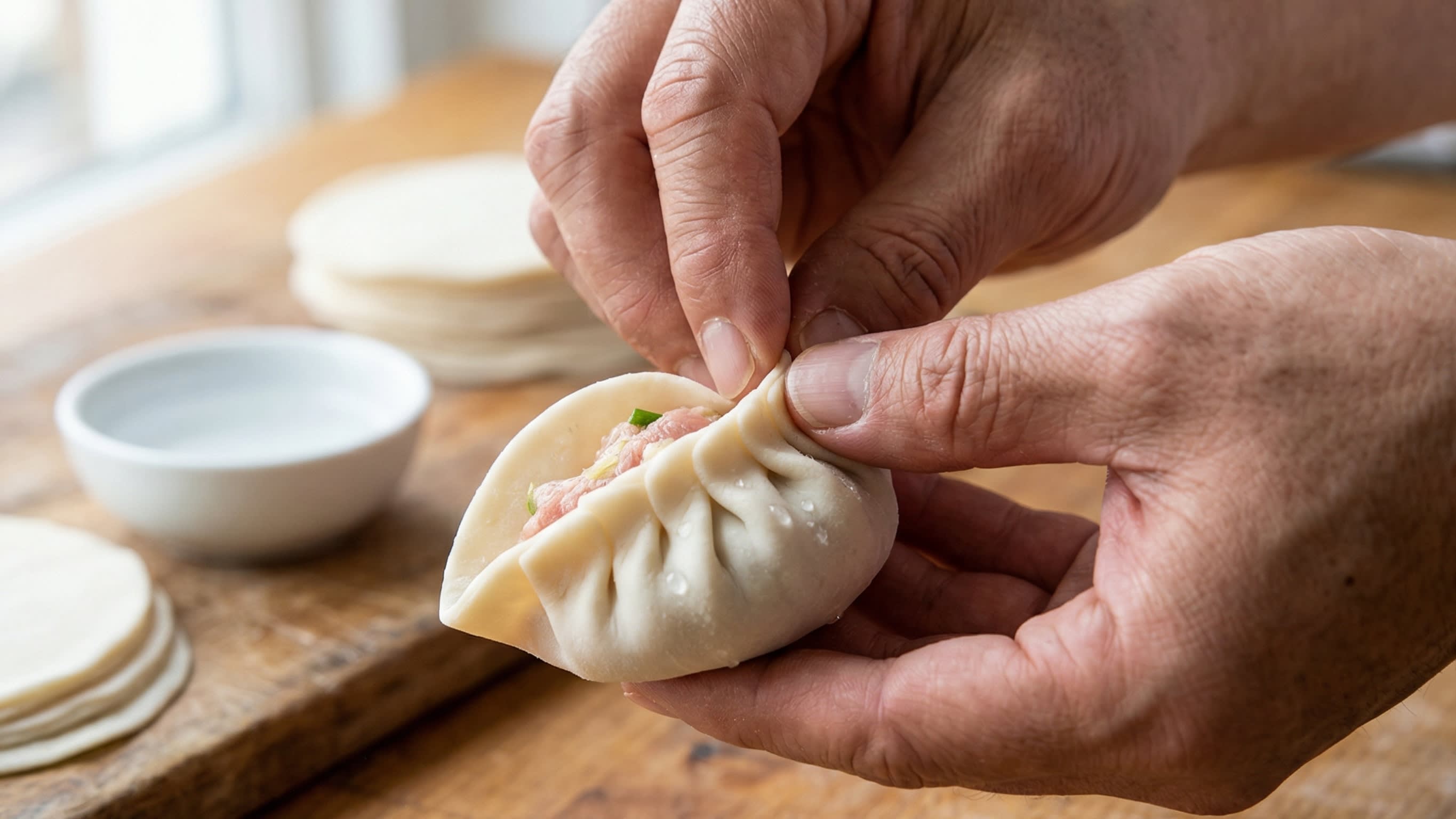 A dynamic close-up action shot of a chef's hands masterfully pleating the edge of a raw dumpling. The dumpling sits perfectly upright, showing a beautiful series of folds along the top edge.