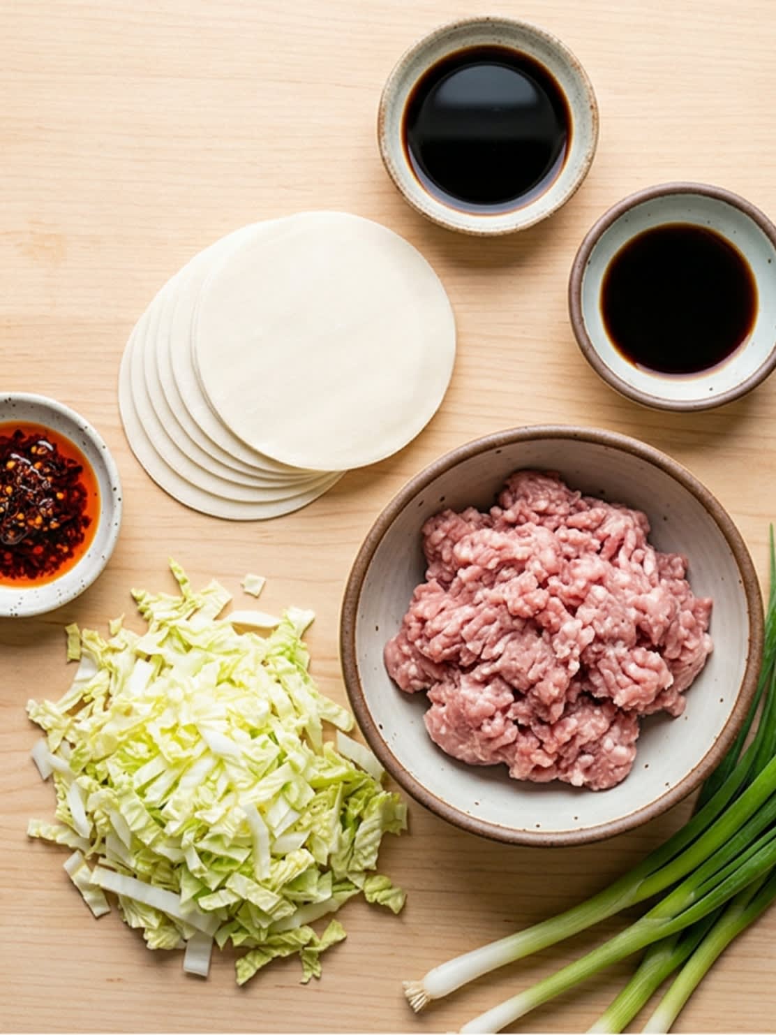 A beautiful flat lay of ingredients on a wooden board: a package of round dumpling wrappers, ground pork, fresh Napa cabbage, scallions, ginger, and small ceramic dipping bowls with soy sauce, black vinegar, and sesame oil.