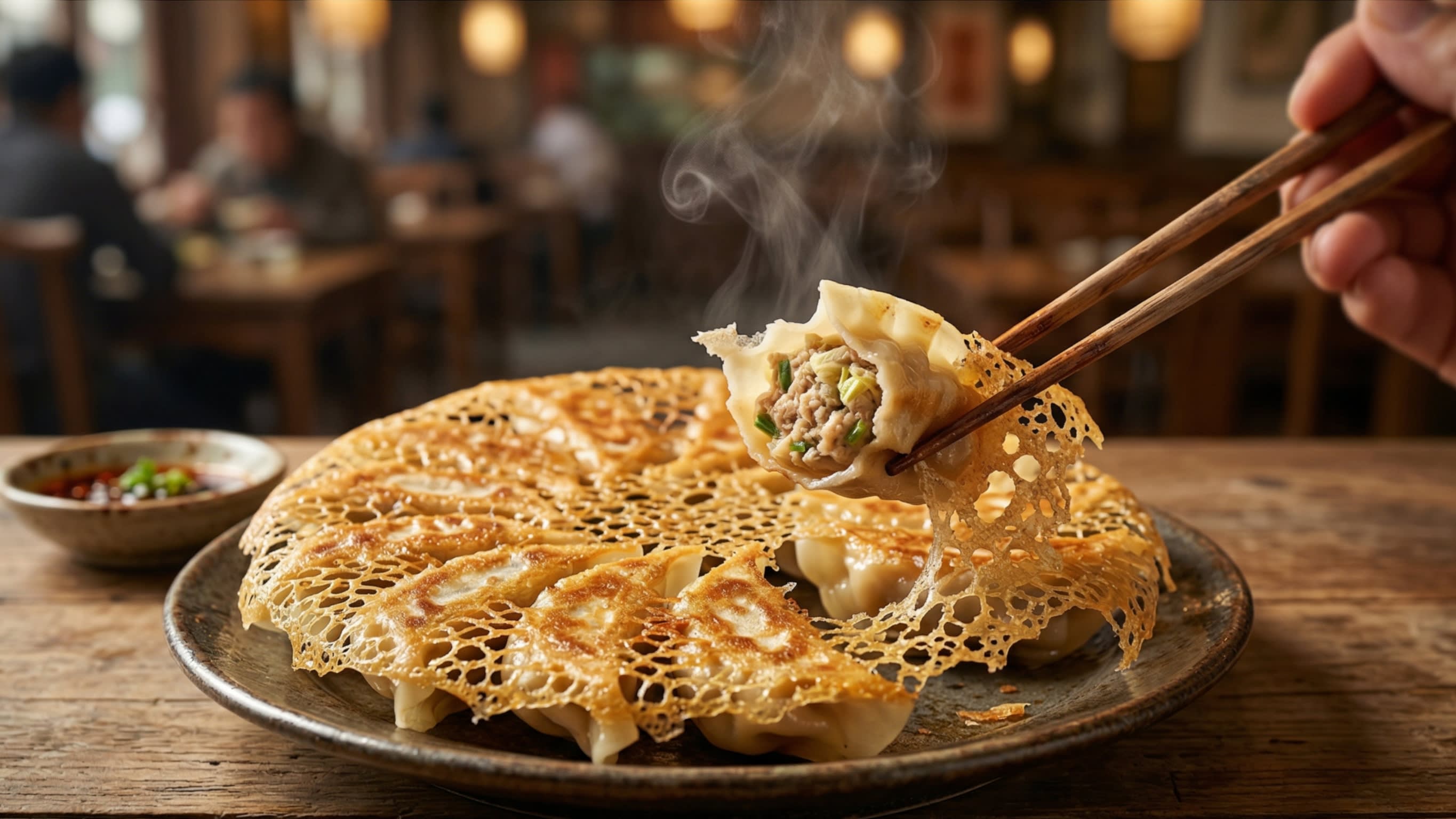 A stunning, high-definition close-up of a pan of authentic Chinese potstickers. They are flipped upside down to showcase a beautiful, interconnected, golden-brown, shatteringly crisp "ice skirt" (crispy lace). A pair of chopsticks is breaking off one dumpling, revealing the juicy filling.