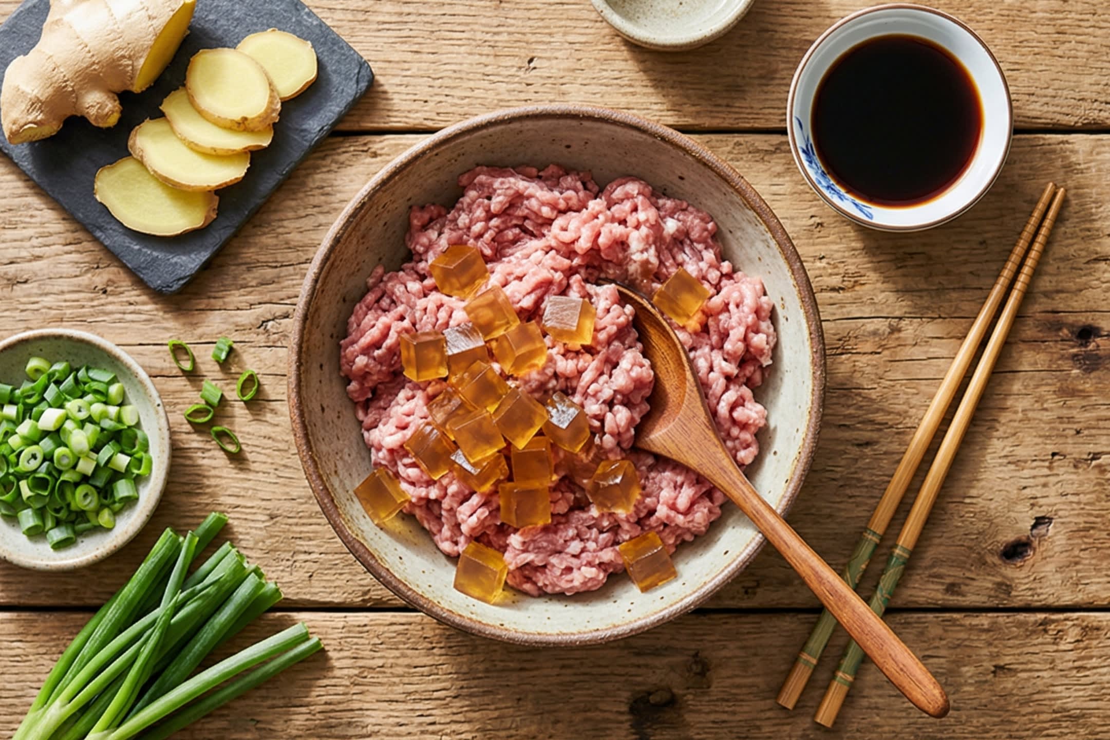 A detailed flat lay shot showing the secret to soup dumplings: a bowl of raw ground pork being mixed with perfectly diced, amber-colored translucent gelatin cubes (pork aspic). Surrounding the bowl are fresh ginger, scallions, and soy sauce.