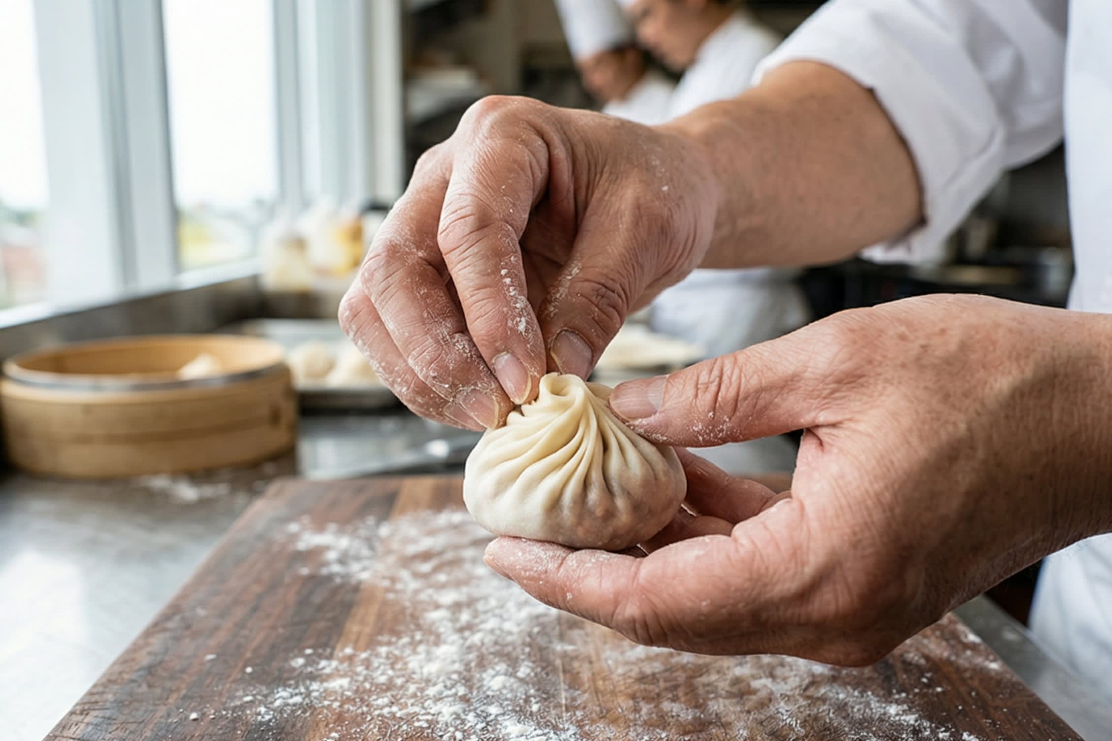A dynamic, close-up action shot of a chef's hands masterfully pleating the top of a Xiao Long Bao. The fingers are pinching the delicate, translucent dough to create the famous "18 pleats" spiral pattern, enclosing the rich pork and aspic filling.