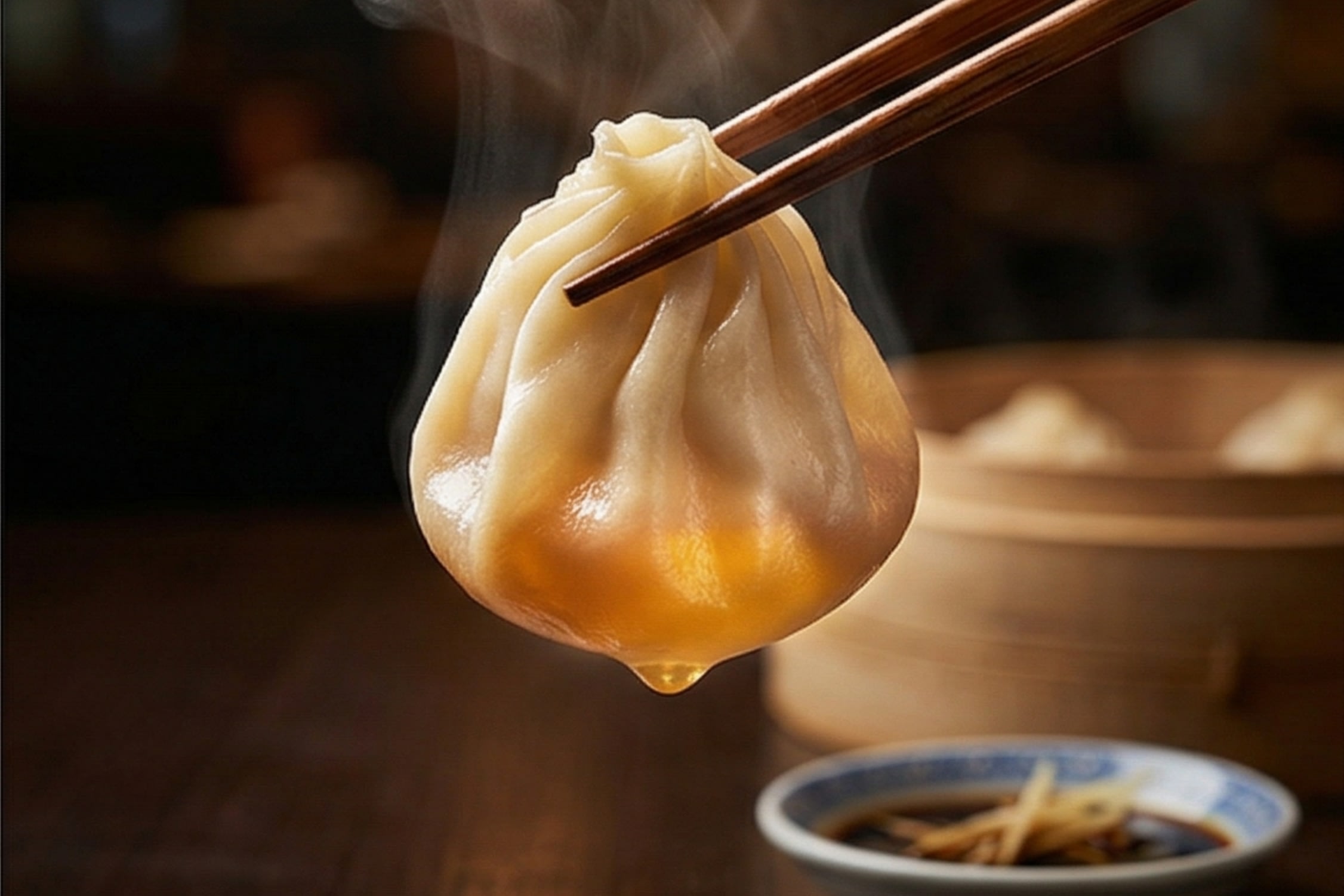A breathtaking, high-definition close-up of a single Xiao Long Bao (Soup Dumpling) being delicately lifted by a pair of bamboo chopsticks. The paper-thin wrapper is sagging heavily at the bottom, glowing and translucent, revealing the rich, golden liquid soup trapped inside. Hot steam is gently rising.