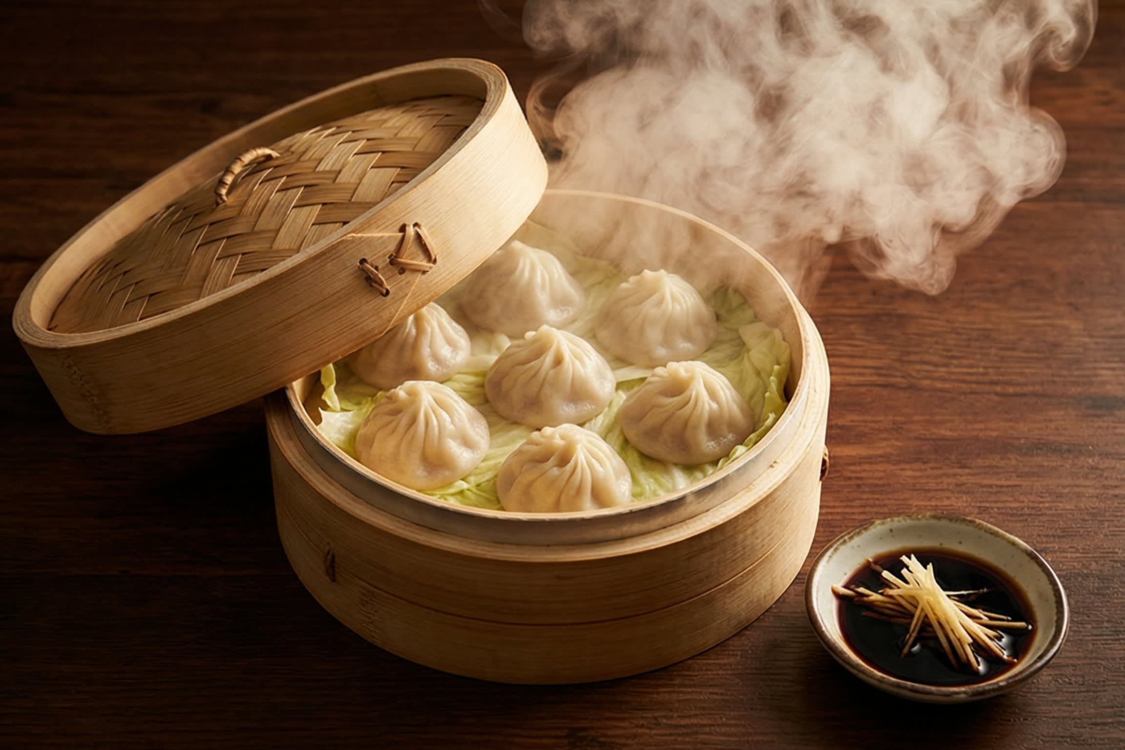 A beautiful, moody shot of a traditional multi-tiered bamboo steamer sitting on a table. The lid is slightly off, revealing perfectly steamed Xiao Long Bao inside, enveloped in a thick cloud of appetizing white steam. Next to it is a small dish of black vinegar and finely julienned ginger.