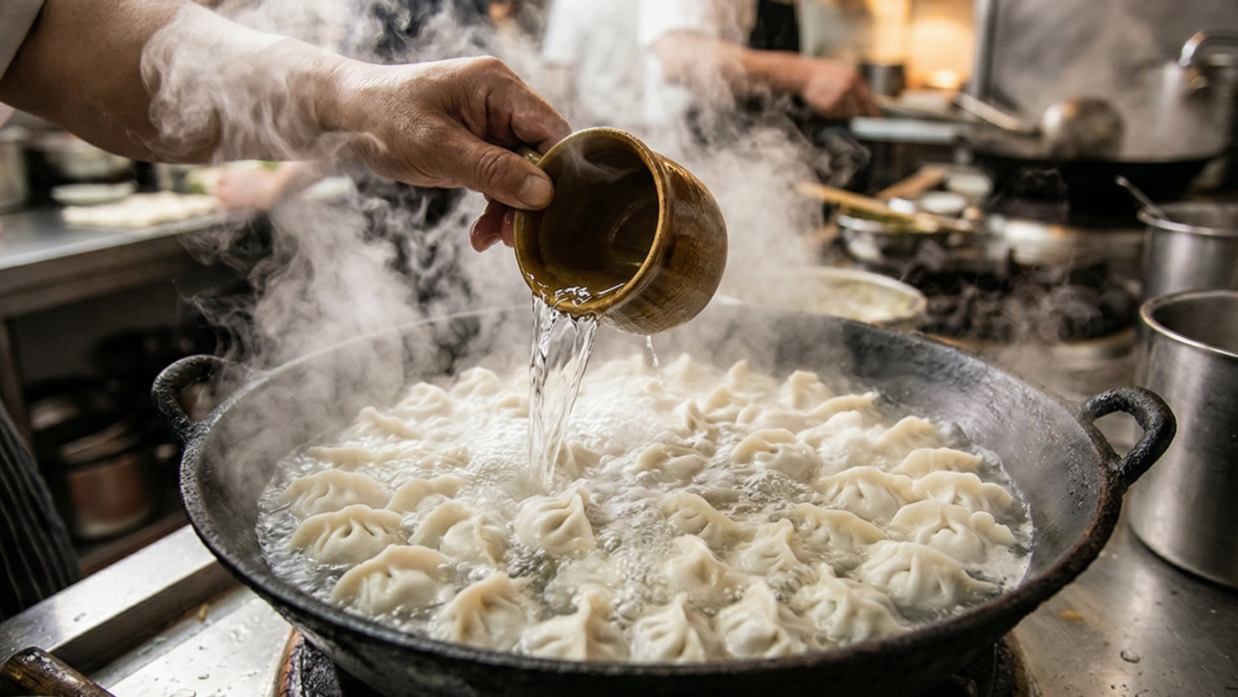A vibrant action shot looking down into a large pot of boiling water. Plump, perfectly folded Jiaozi are floating on the bubbling surface. A cook is pouring a small splash of cold water from a cup into the boiling pot to calm the water.