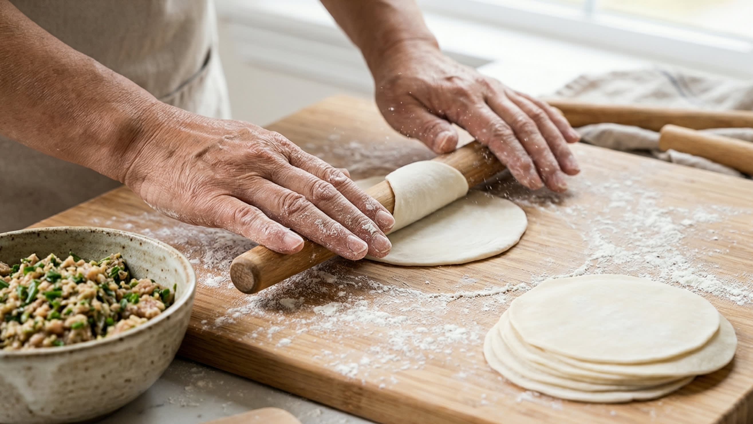 A dynamic close-up action shot of a person's hands rolling out a small disc of dumpling dough with a traditional thin wooden rolling pin. A pile of already rolled wrappers and a bowl of green and brown pork filling sit nearby.