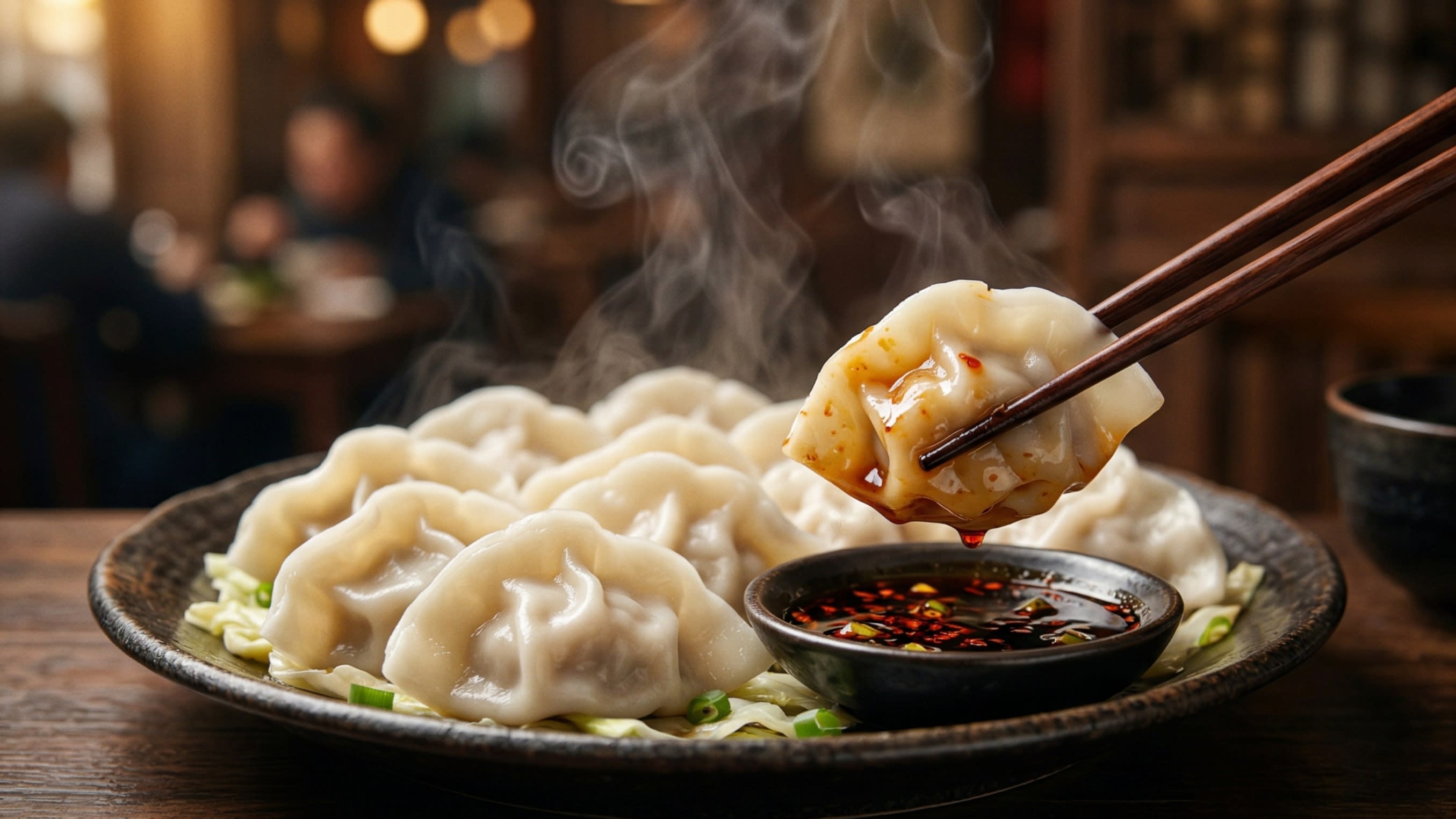 A stunning, high-definition close-up of a rustic ceramic plate filled with steaming, plump authentic Chinese boiled dumplings (Jiaozi). A pair of wooden chopsticks is lifting one glistening dumpling, dipping it into a small dark bowl of black vinegar and chili oil. Appetizing steam gently rises in the warm, cinematic lighting.