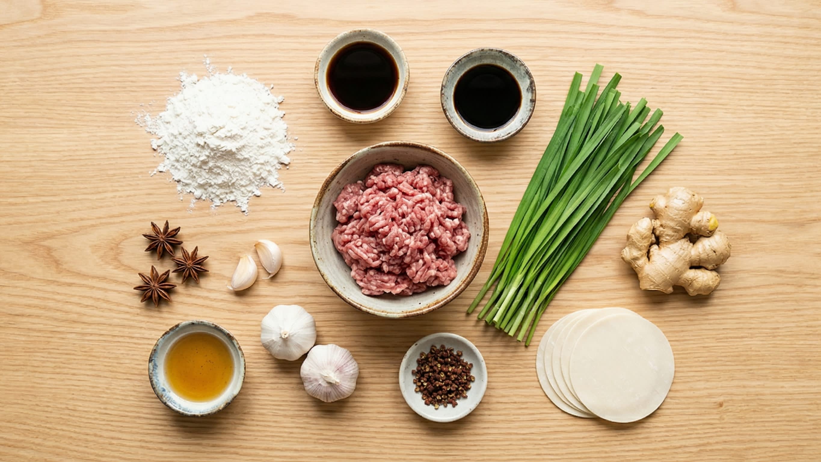 A beautiful flat lay of fresh ingredients on a wooden board: a mound of white flour, a bowl of rich ground pork, vibrant green Chinese chives, fresh ginger, and small ceramic dipping bowls with dark soy sauce, black vinegar, and sesame oil.