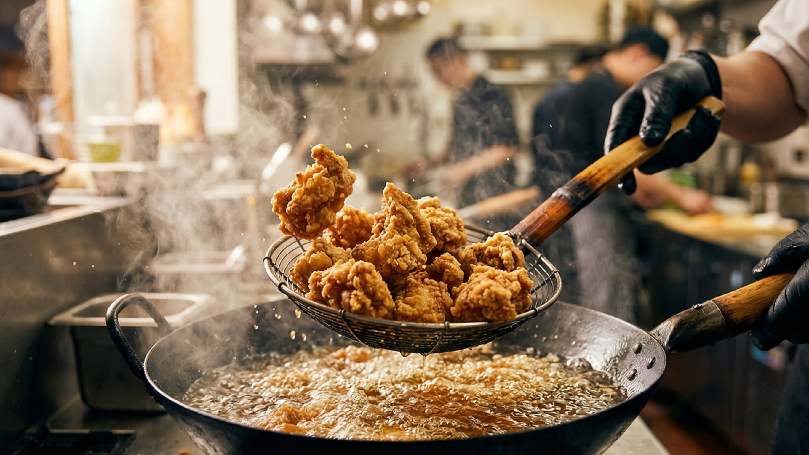 A dynamic cooking action shot showing golden, crispy chunks of battered chicken being lifted out of a wok full of bubbling hot oil using a traditional metal spider strainer. The crust looks incredibly crunchy.