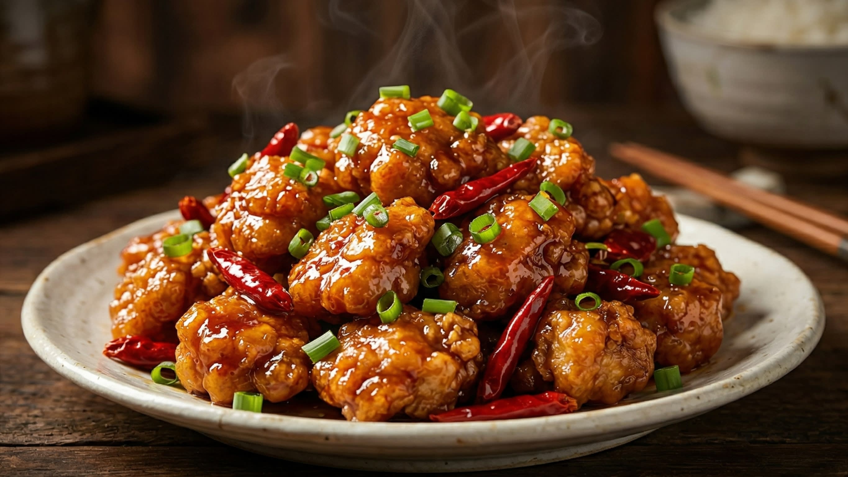 A breathtaking, high-definition close-up of a massive plate of General Tso's Chicken. The golden-fried chicken chunks are coated in a thick, sticky, glowing reddish-brown glaze, studded with bright red dried chilies and vibrant green scallions. Hot steam is gently rising in the cinematic lighting.
