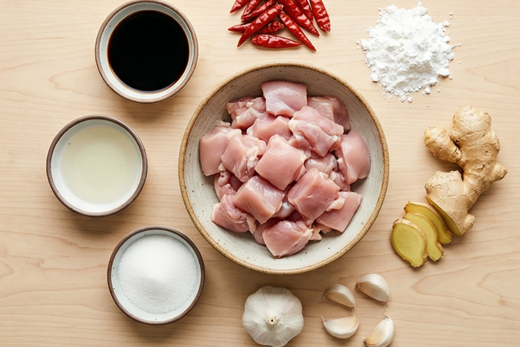 A beautiful flat lay of fresh ingredients on a wooden board: boneless chicken thighs, bright red dried chilies, a pile of white cornstarch, fresh ginger, garlic, and small ceramic bowls containing soy sauce, rice vinegar, and sugar.