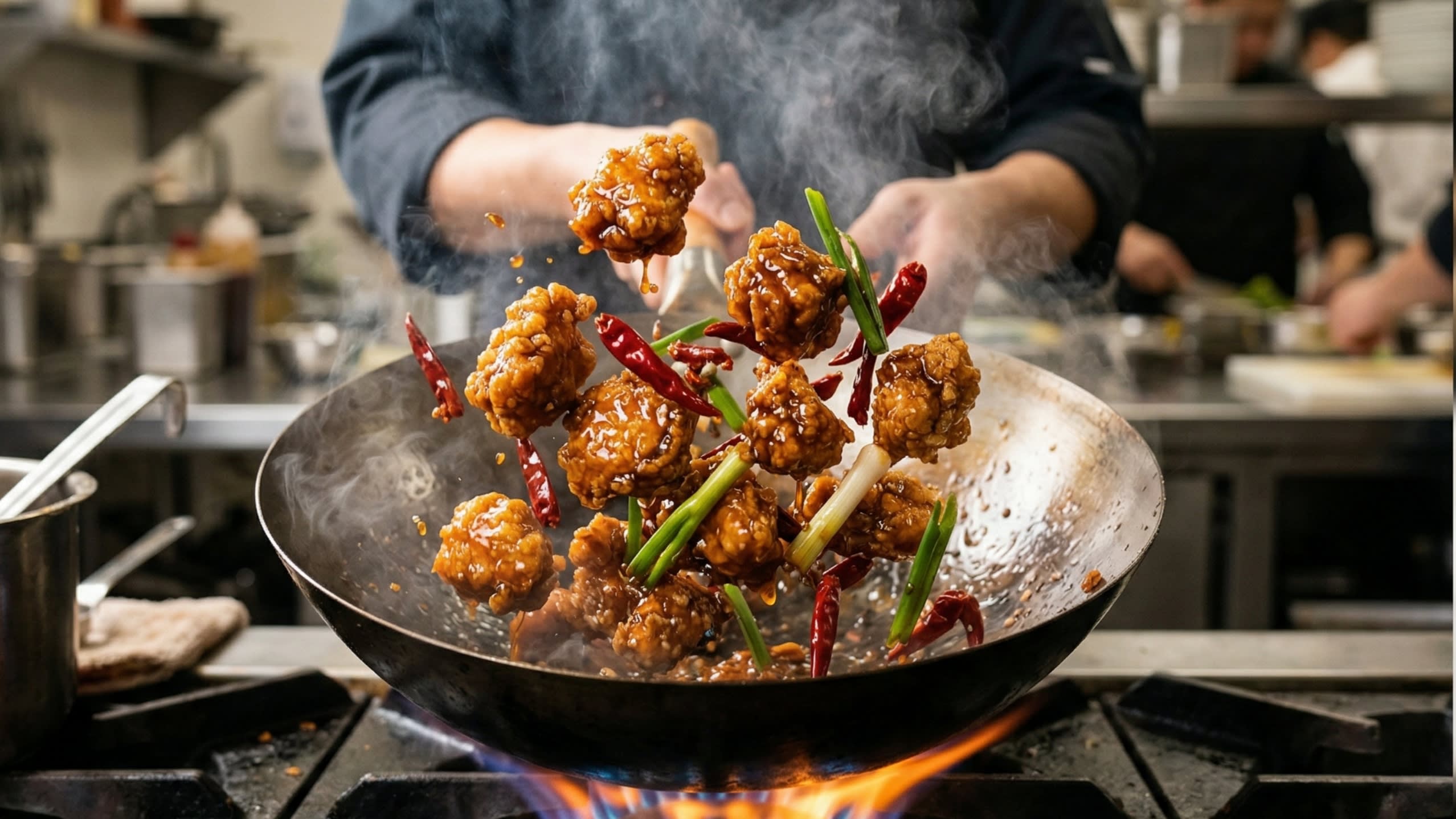 A close-up action shot looking down into a wok. A chef is tossing the incredibly crispy, golden-fried chicken chunks with the thick, dark, glossy, bubbling sweet and spicy sauce. Bright red chilies and green scallions are beautifully mixed in.