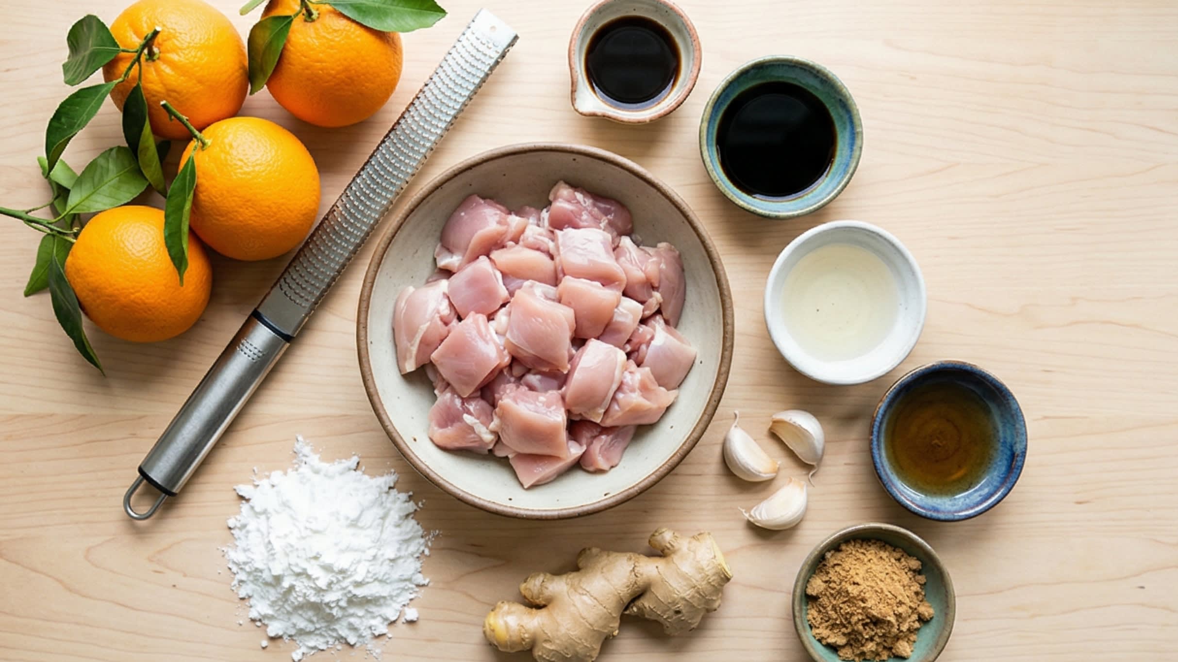 A beautiful flat lay of fresh ingredients on a wooden board: boneless chicken thighs, bright fresh oranges, a microplane zester, a pile of white cornstarch, fresh ginger, garlic, and small ceramic bowls containing soy sauce and brown sugar.