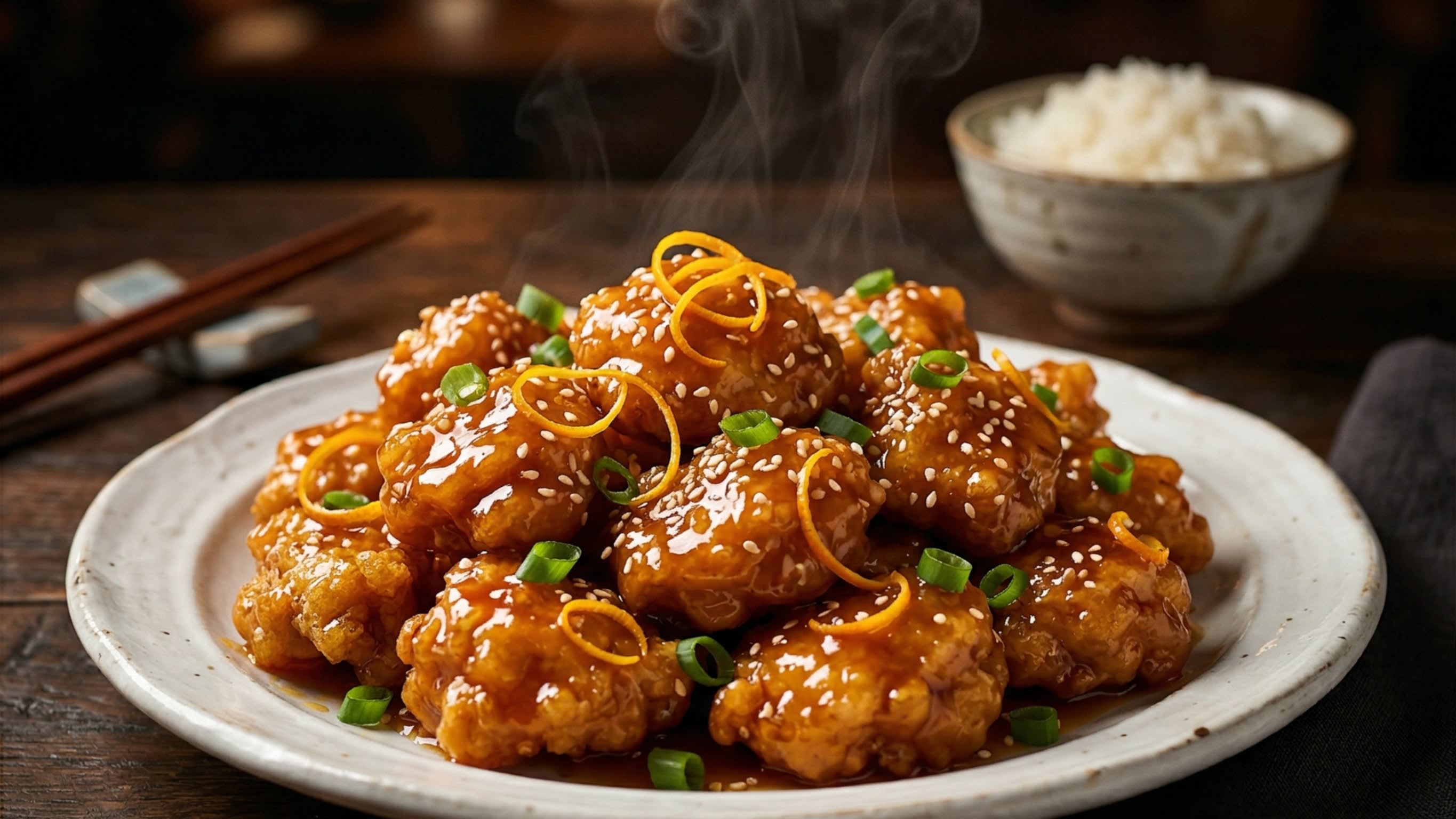 A breathtaking, high-definition close-up of a massive plate of crispy Orange Chicken. The golden-fried chicken chunks are coated in a thick, sticky, glowing bright orange glaze, garnished with fresh orange slices, toasted sesame seeds, and vibrant green scallions. Hot steam is gently rising.