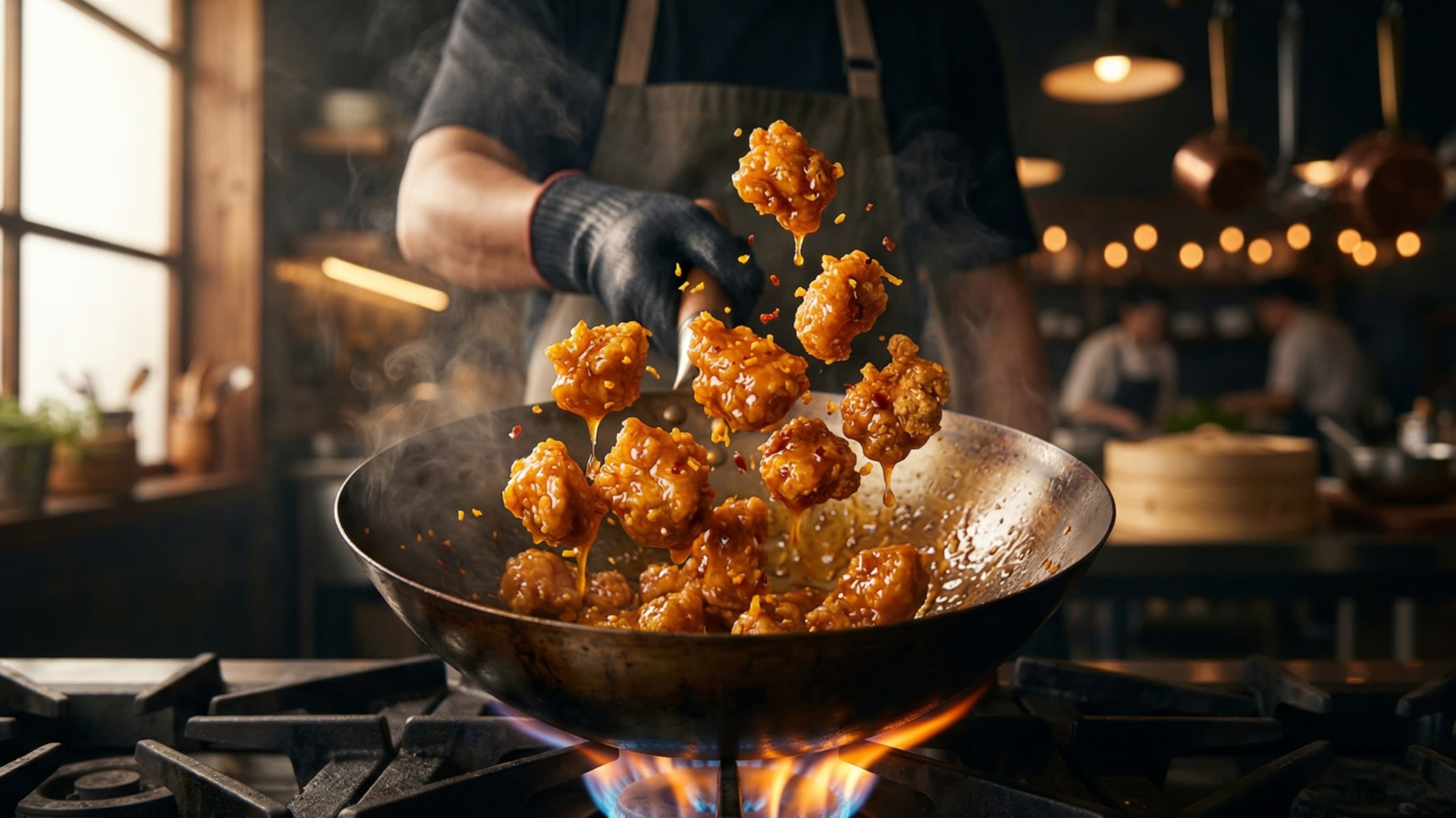 A dynamic action food photography shot looking down into a wok. A chef is tossing the incredibly crispy, golden-fried chicken chunks with the thick, glossy, bubbling, bright orange sauce. Hot steam is rising.