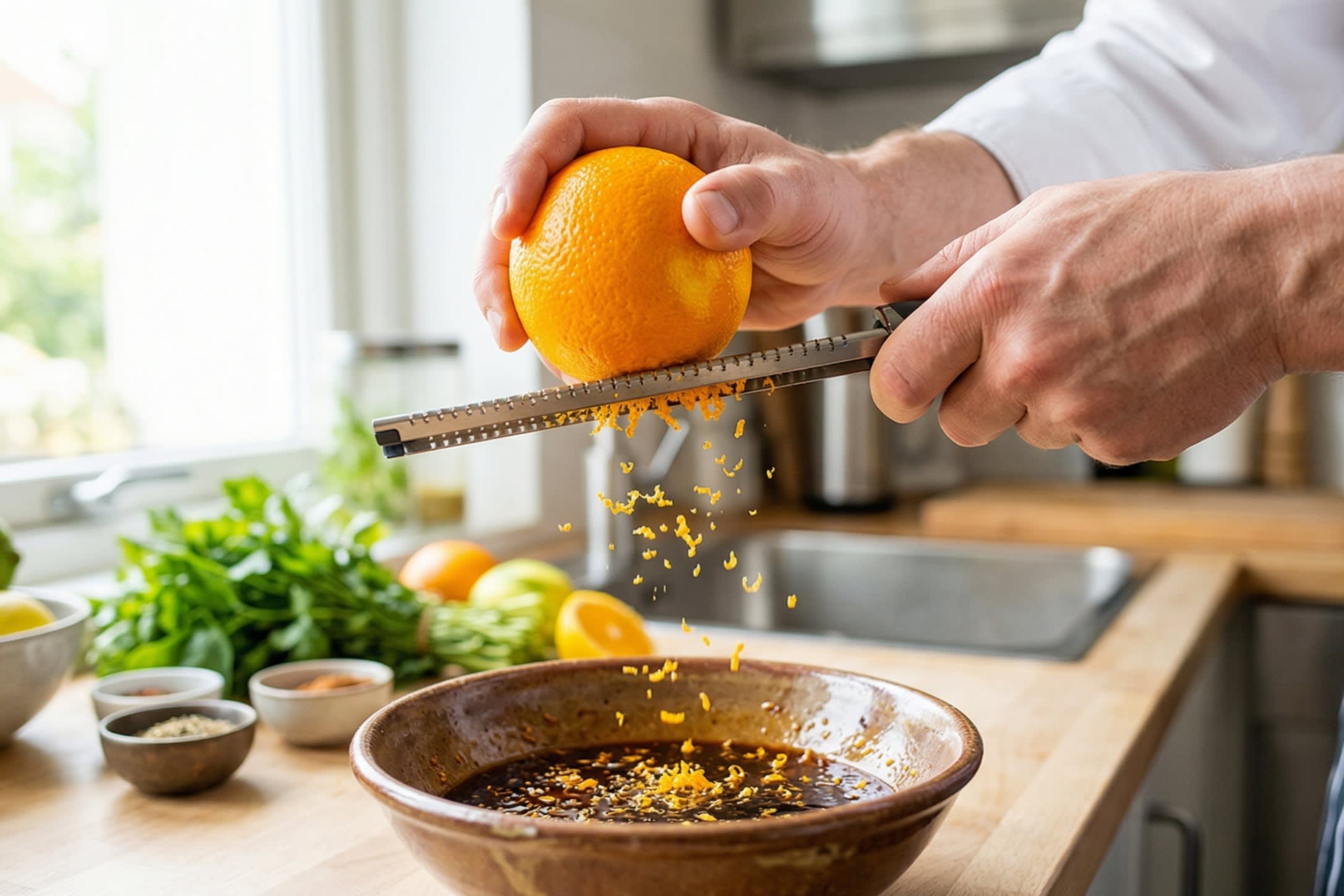 A close-up action shot showing a chef using a microplane to grate the bright, vibrant zest of a fresh orange directly into a small ceramic bowl filled with the dark, sweet sauce mixture.